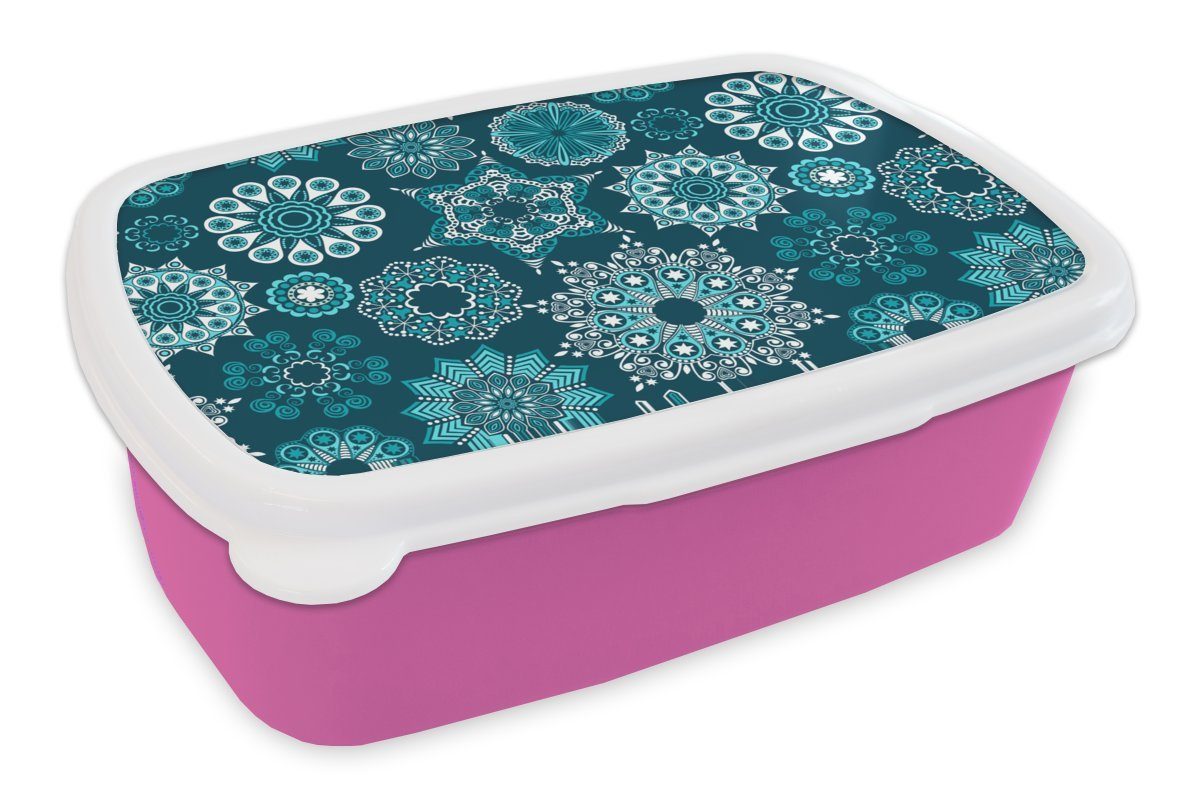 MuchoWow Lunchbox Schneeflocke - Luxus - Blau - Silber - Design, Kunststoff, (2-tlg), Brotbox für Erwachsene, Brotdose Kinder, Snackbox, Mädchen, Kunststoff rosa