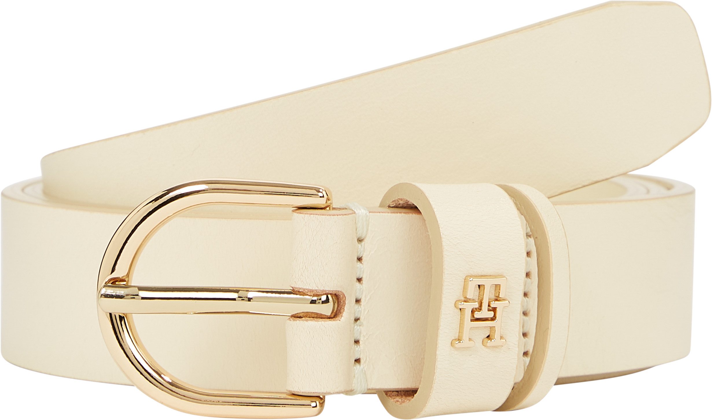 Tommy Hilfiger Ledergürtel ESSENTIAL EFFORTLESS 2.5 cm breit GOLD Logoemblem, weiche Haptik, ovale Einfachdornschließe