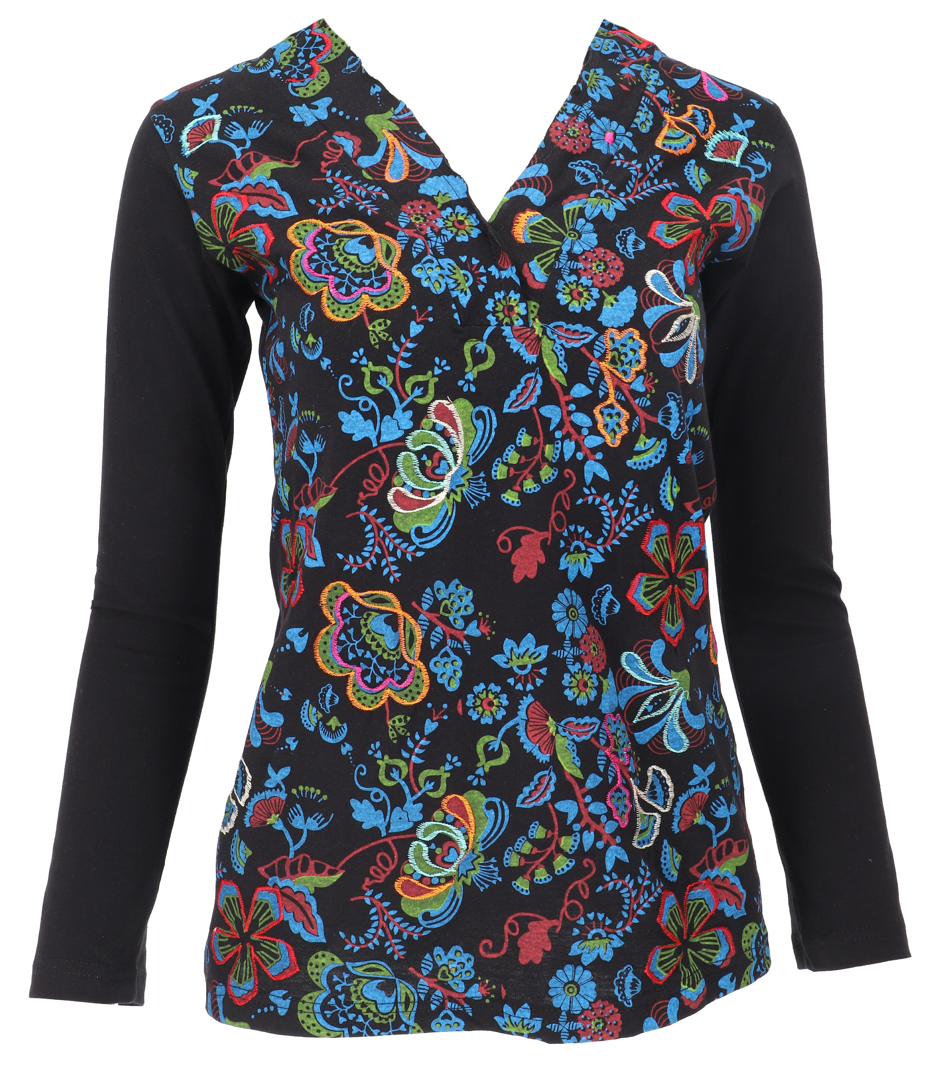 Guru-Shop Longsleeve Besticktes Langarmshirt mit V-Neck günstig online kaufen