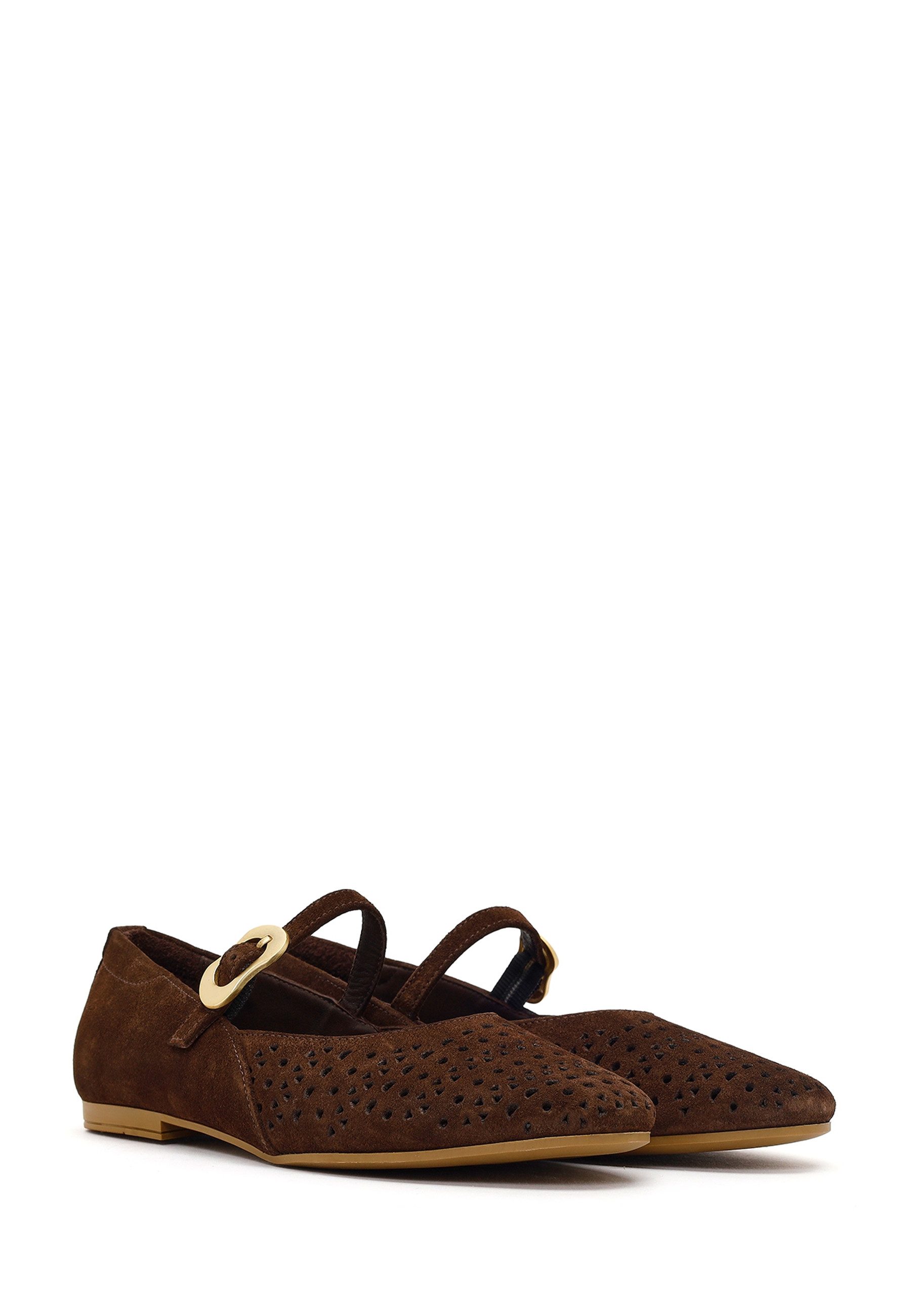 Derimod Ballerinas aus Veloursleder Ballerina Echtes Wildleder, Lederfutter, Mary Jane Riemen, Perforiertes Design