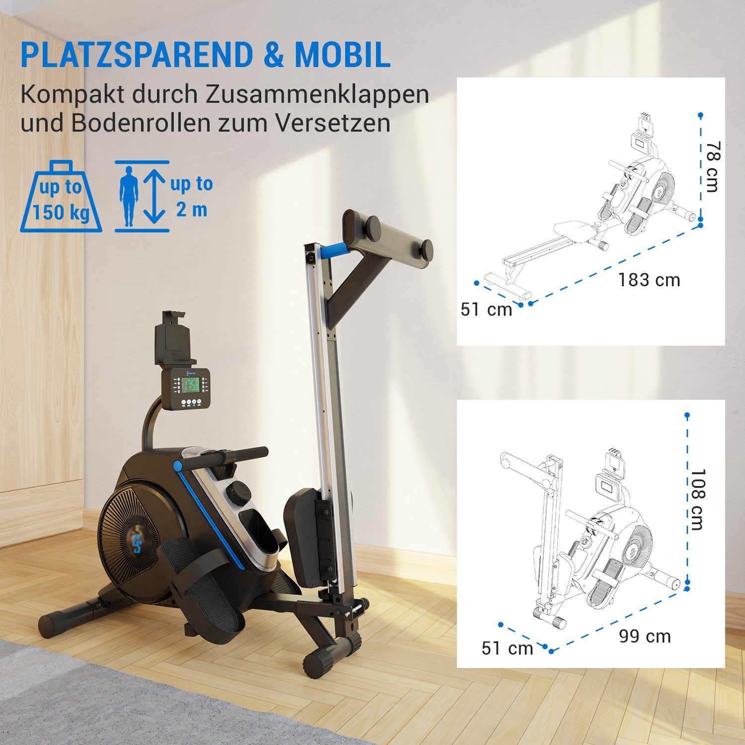 Capital Sports Rudermaschine Helios Magnetrudergerät 8 Stufen LED Aluminium klappbar 150 kg 2m (Set, Tablethalterung;Kinomap-Integration), Rudermaschine Heimtrainer mit LED-Computer & Tablet-Halter 150 kg