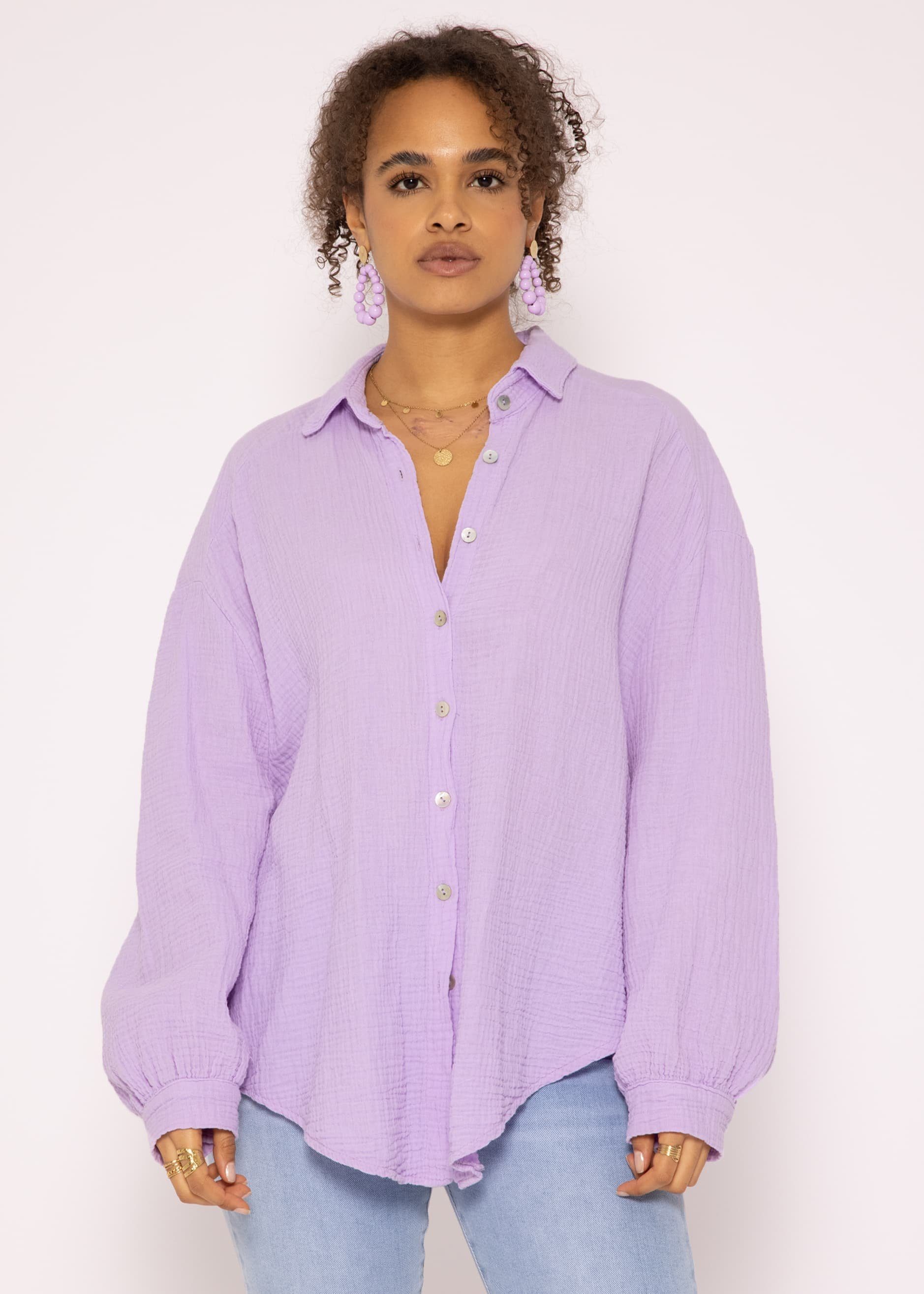 SASSYCLASSY Longbluse Oversize Musselin Bluse Damen Langarm Hemdbluse lang aus Baumwolle mit V-Ausschnitt, One Size (Gr. 36-48) Flieder