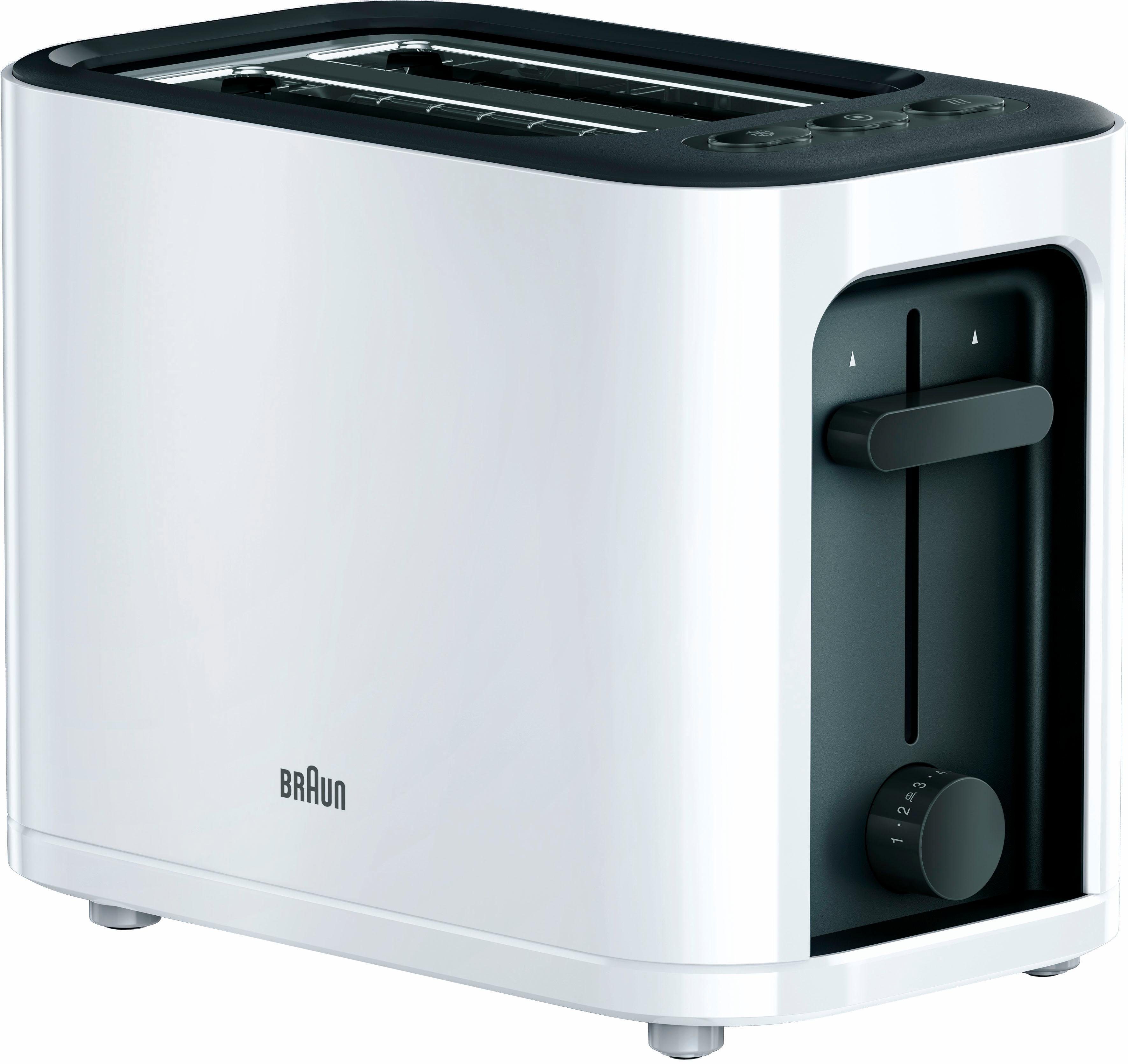 Braun Toaster PurEase HT 3010 WH - 2 Schlitze, 7 Stufen, Auftau- Aufwärmfunktion, 2 kurze Schlitze, für 2 Scheiben, 1000 W, 1.000 W, Kunststoff, Automatische Abschaltung, Brötchenaufsatz