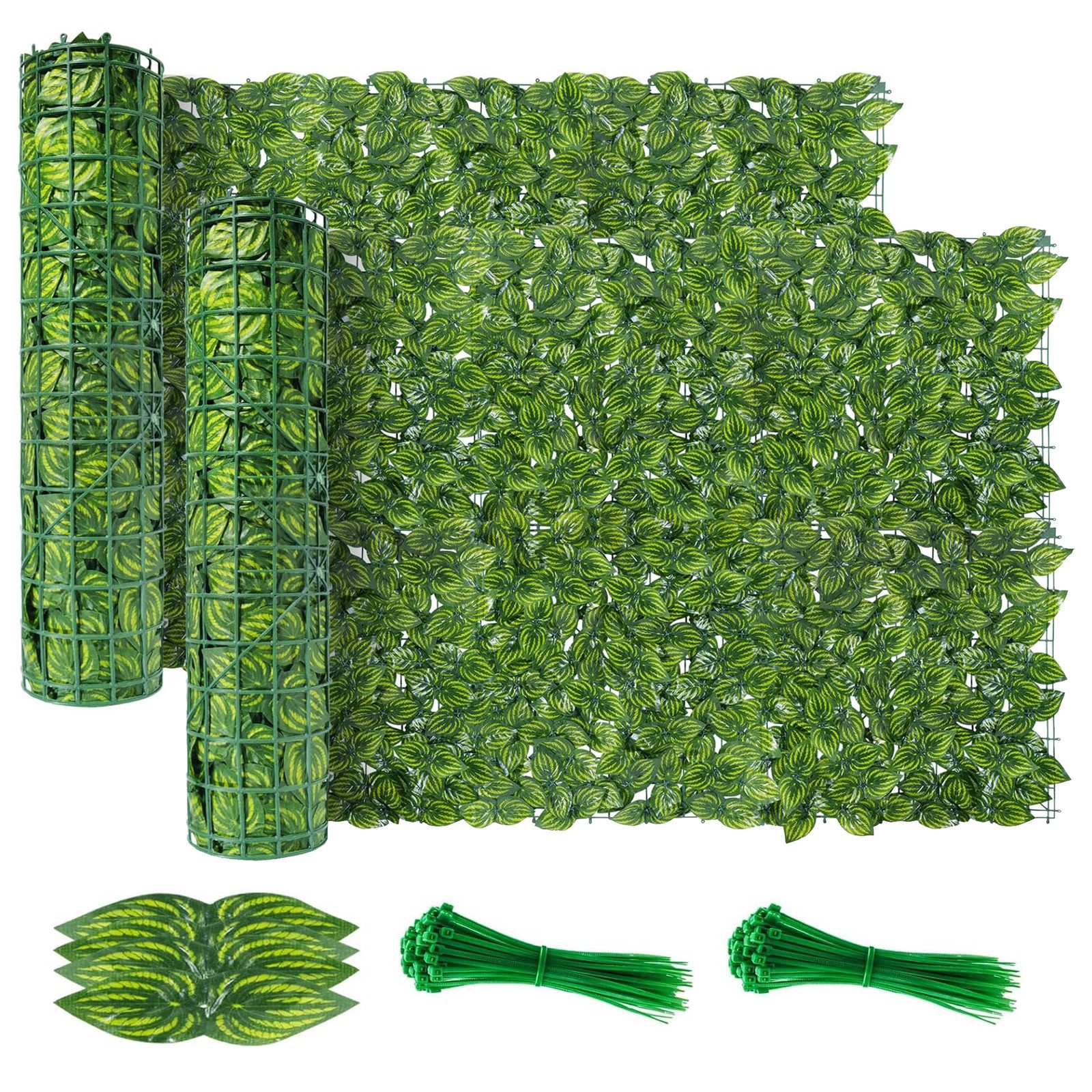 BlingBin Balkonsichtschutz Künstliche Efeu Hecke Windschutz, Sichtschutzhecke für Garten, 1x5m (2er Set, 2-St., Inklusive 200 Kabelbinder, Wassermelonenblätter) Sichtschutz Künstliche Hecke für Balkon, Hof, Gartendekoration