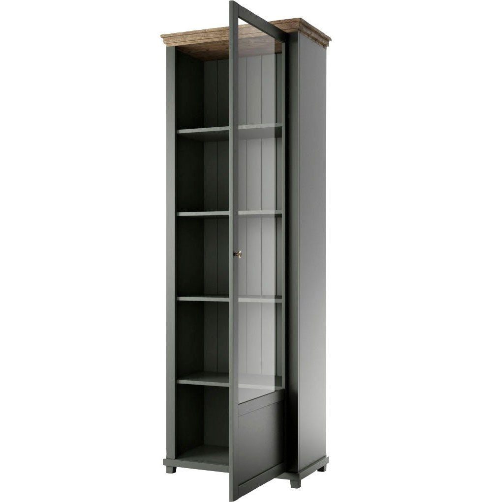 Helvetia Vitrine Elda (mit Tür, mit Einlegeböden, 1-St., moderne Optik, 1-türig mit Glaseinsatz) 71x42x200cm grün / Eiche Lefkas 1-türig