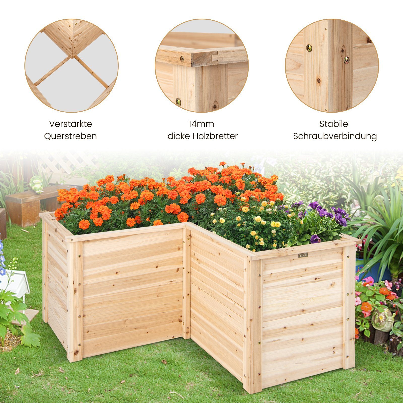 COSTWAY Flower Box, L-shaped Raised Bed, made of fir wood, 120x120x63cm