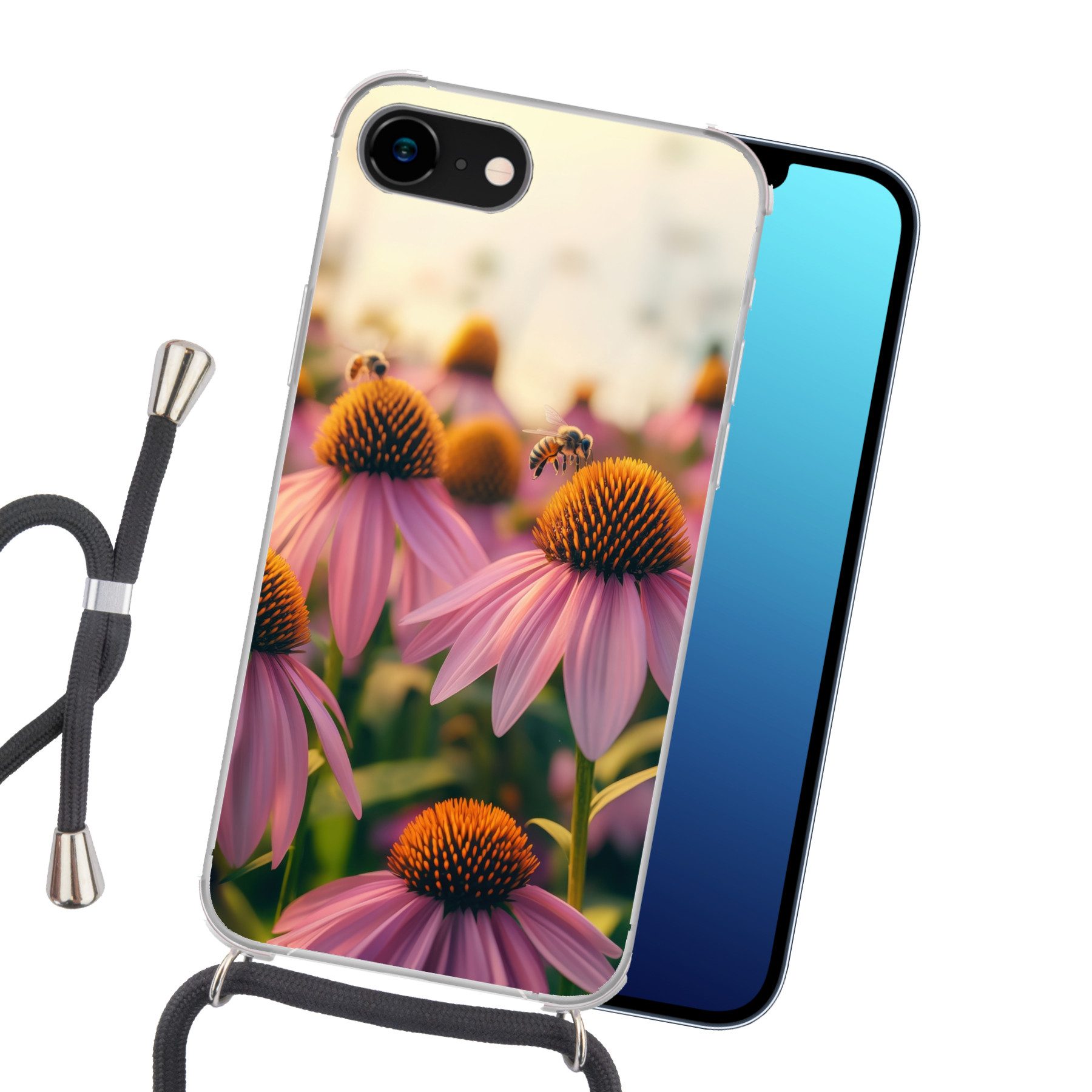 MuchoWow Handyhülle für Apple iPhone 8 Blumen - Lila - Bienen, Tragbare Handyhüllen mit Kette zum umhängen, Handykette Handyband