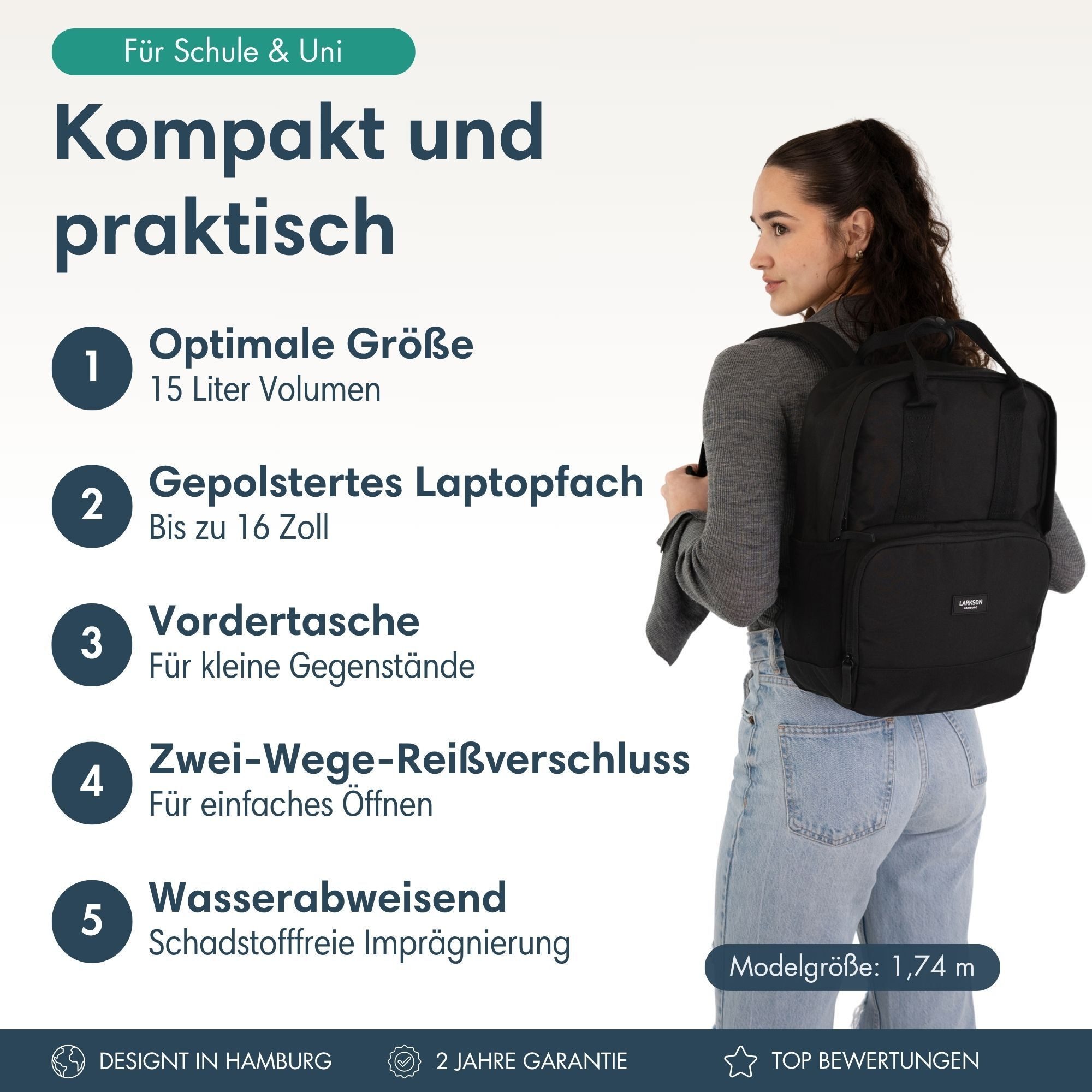 LARKSON Cityrucksack No 6 Laptop Rucksack Damen Herren (1-tlg), Tagesrucksack, Laptopfach, Wasserabweisend