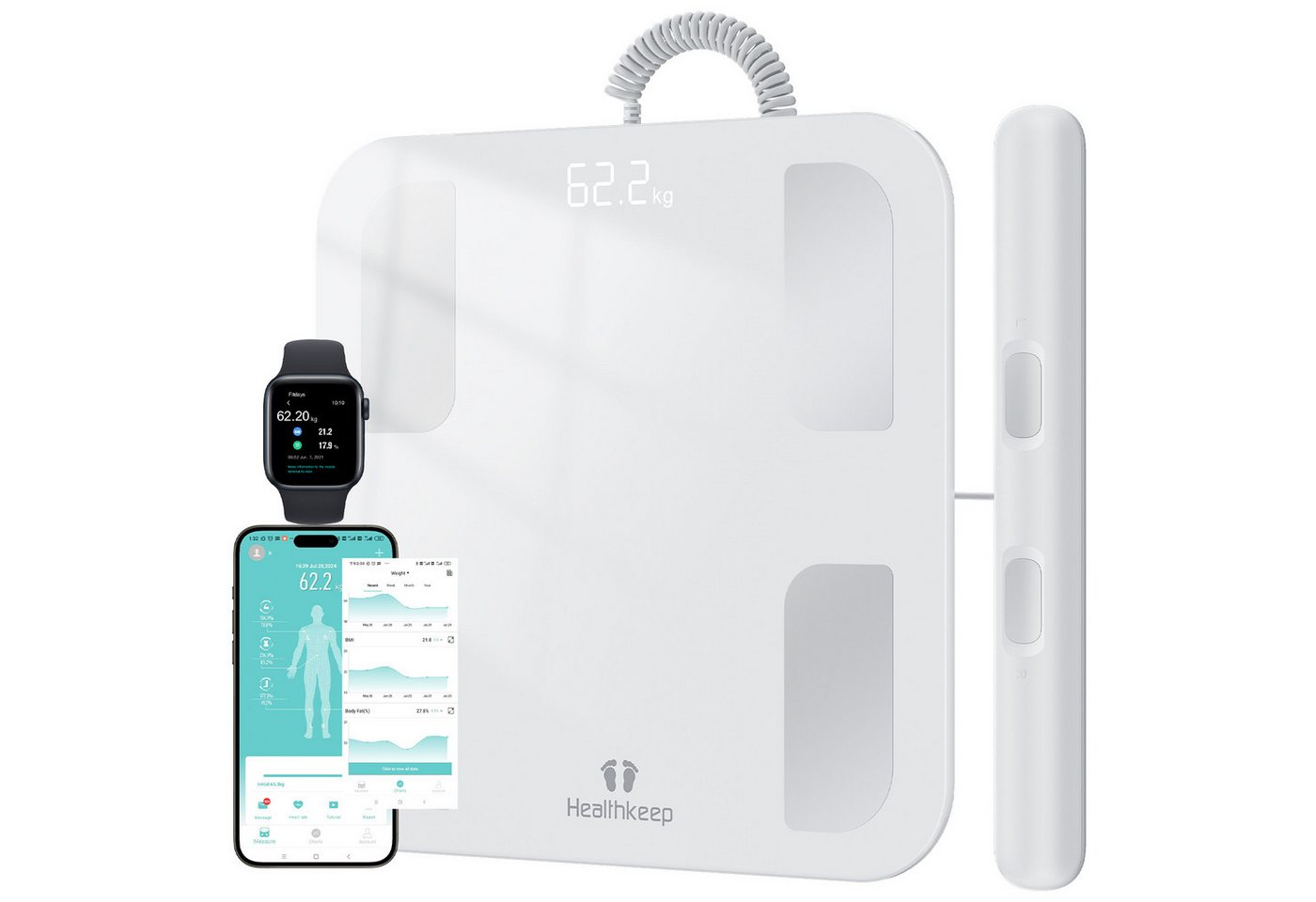 Healthkeep Personenwaage mit 8 Elektrodenmit App Intelligent für 18 analysierte Körperdaten, großem LED-Display, Für Android und iOS Apps. Max. 180kg/400lb/28st) 30 x 30 cm