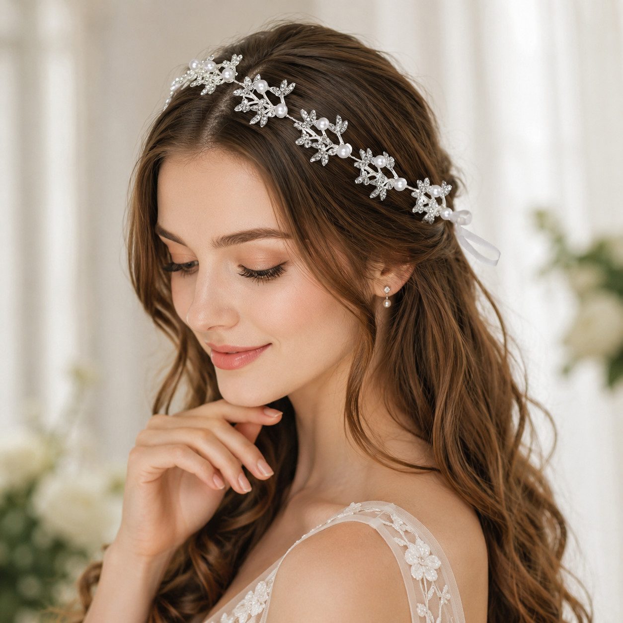 MOPUEA Diadem Kristall Blume Stirnband Kopfschmuck Haarreif silber (Set, 1-tlg., Band oder Haarnadeln für stabilen, komfortablen Sitz), Für Hochzeiten, Partys oder als Geschenk für Mädchen & Frauen