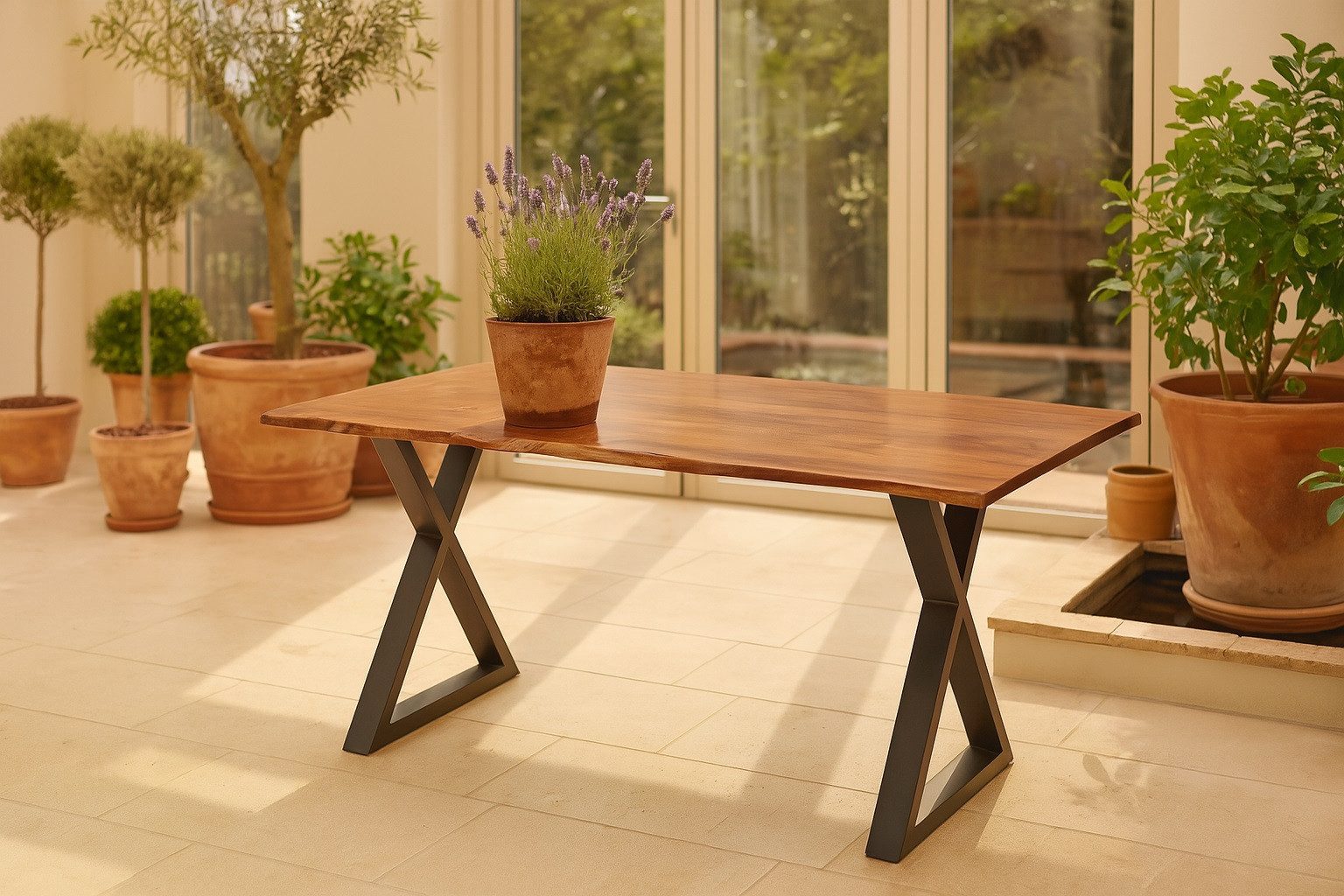 SAM® Baumkantentisch Fire, natürliche Baumkante, Akazienholz, X-Gestell geschlossen in schwarz