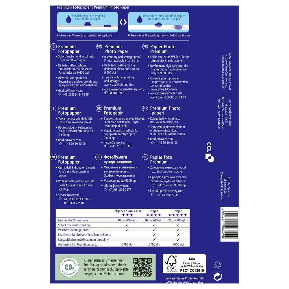 Avery Zweckform Fotopapier Avery-Zweckform Premium C2560 Fotopapier 13 x 18 cm 250 g/m² 50 Blatt