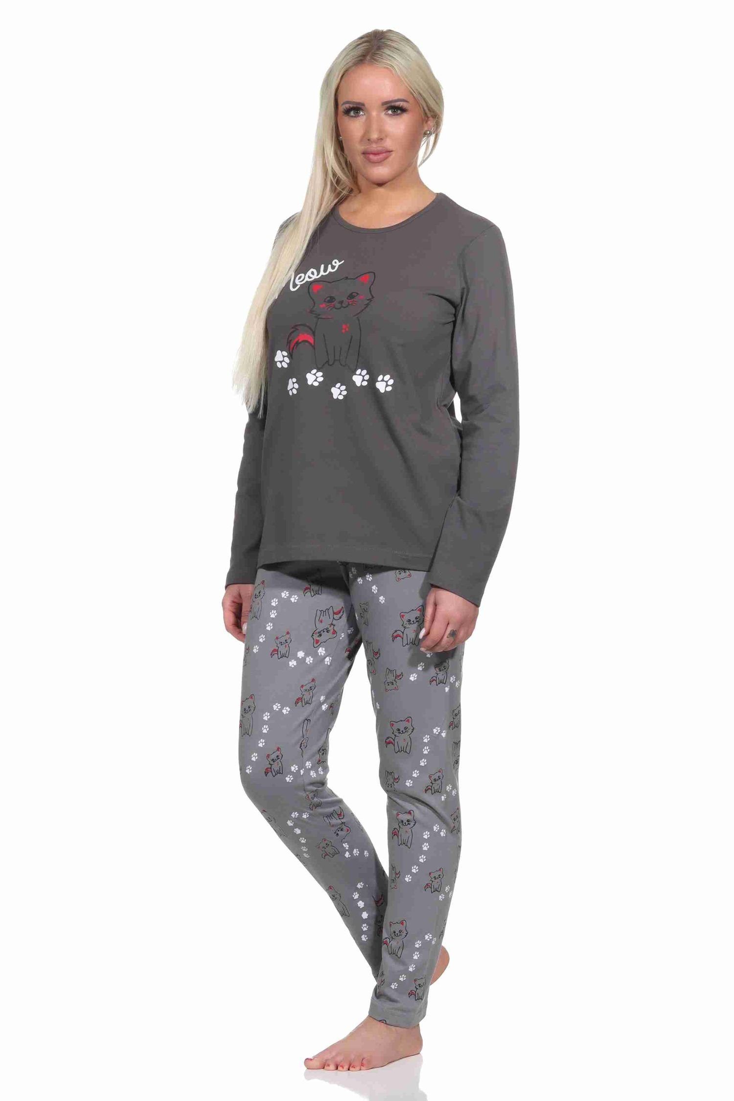 Normann Pyjama Süsser Damen Schlafanzug lang Pyjama mit Katzen - Motiv – Bild 2 von 4