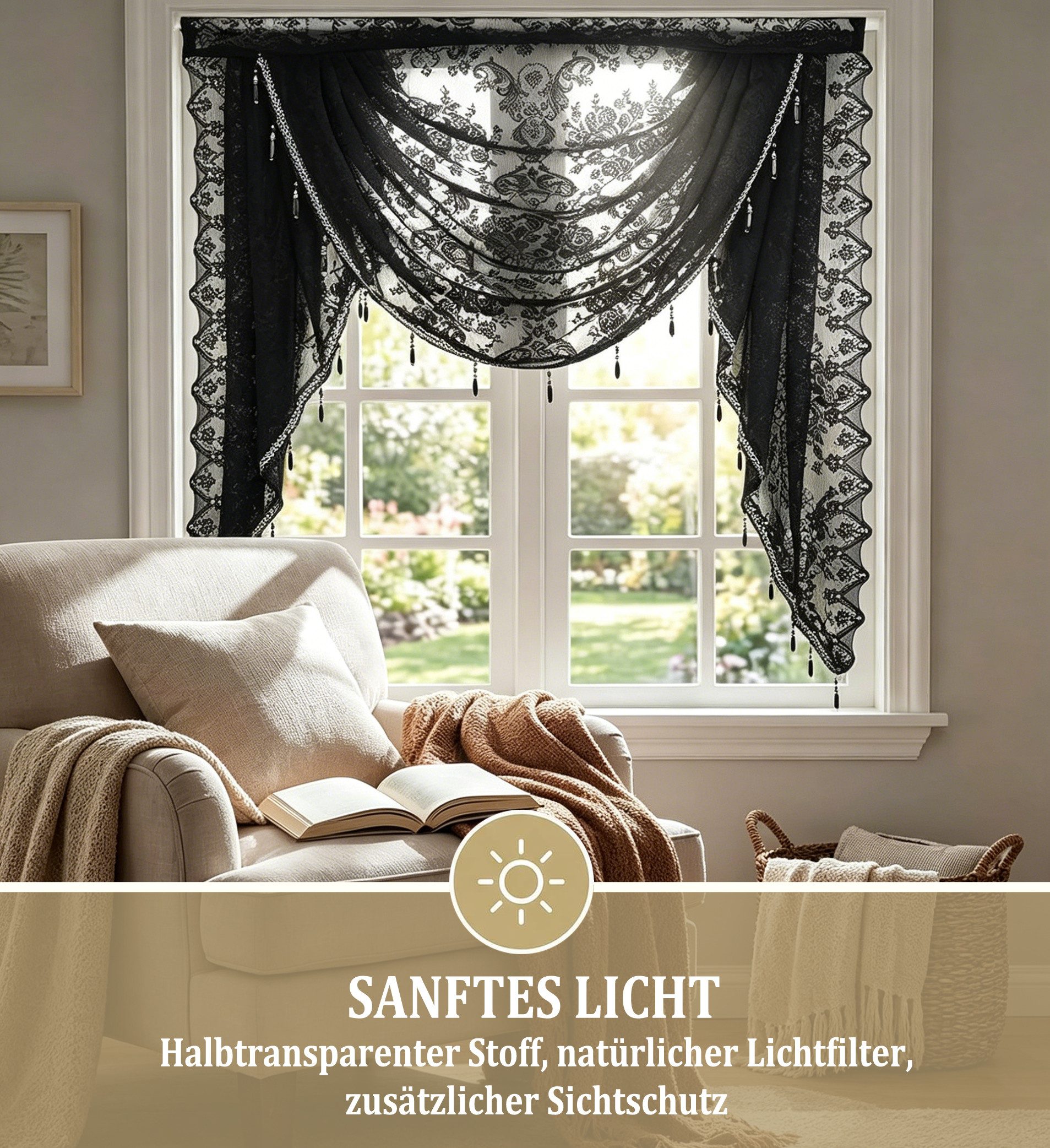 Zyronn Vorhang Halbtransparente Spitzen-Fensterdekoration mit Perlenquasten, Blumenmuster bestickter Voile-Vorhang für Wohnzimmer und Schlafzimmer