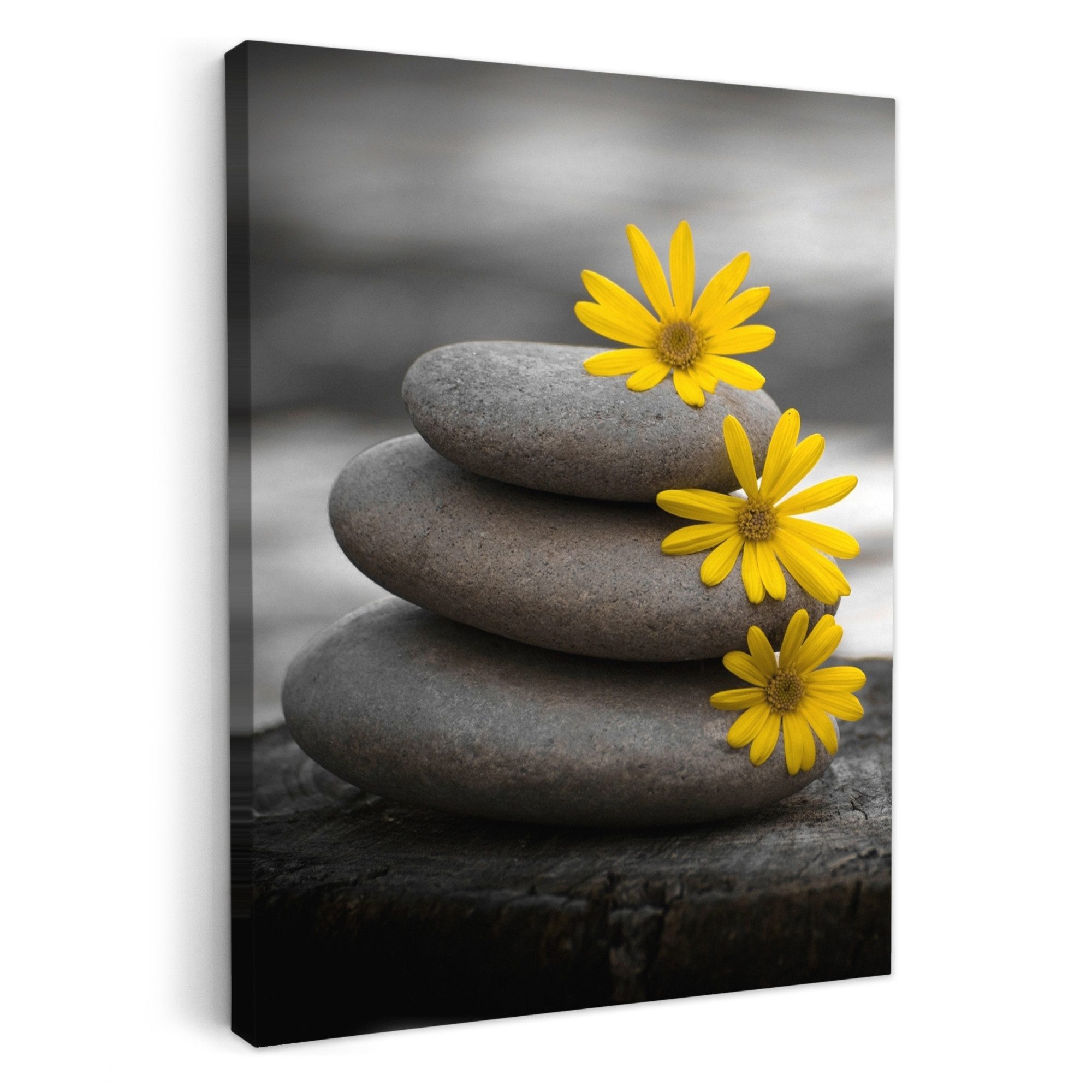 OneMillionCanvasses® Leinwandbild Zen-Steine - Blumen - Gelb - Natur, Fotodruck (1 St), Badezimmer Deko, Bilder Bad, Gäste WC Wanddeko 30x40 cm