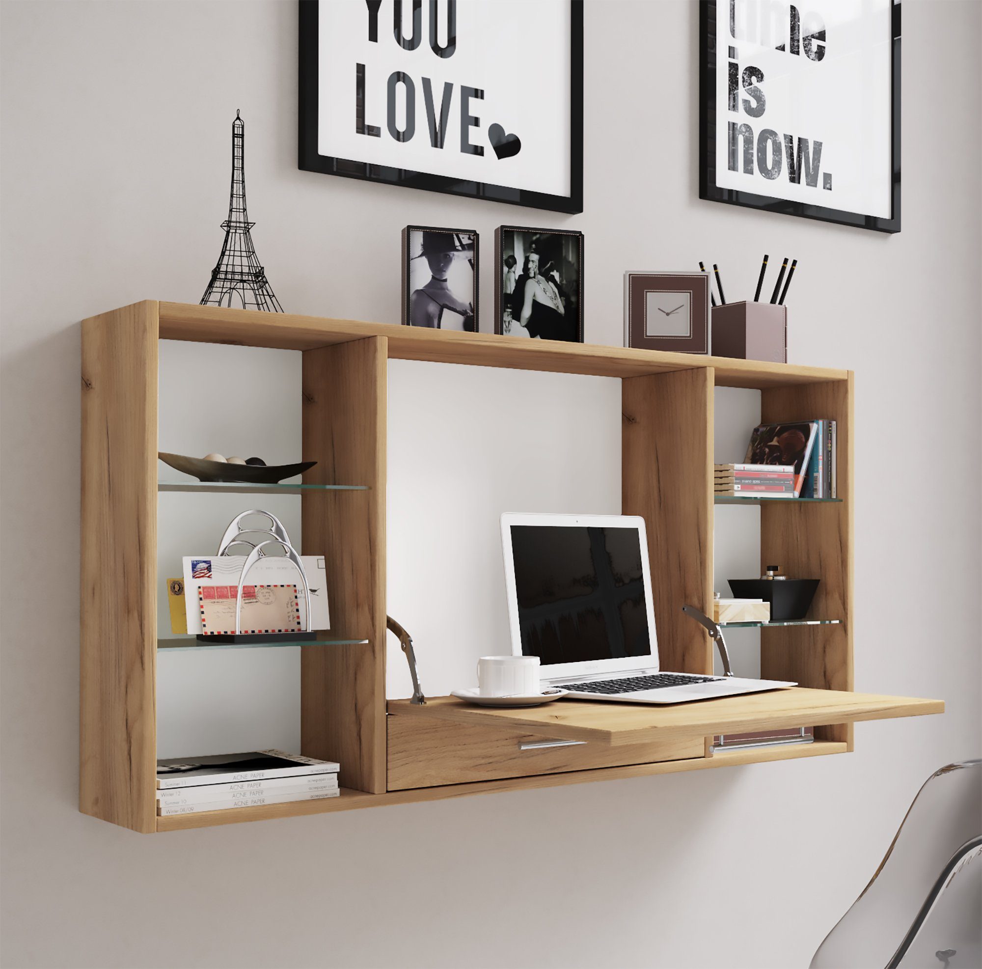 VCM Schreibtisch Bürotisch Teala H. 60 x B. 115 x T. 20 cm, Holz Hänge Schreibtisch Wandschreibtisch Computertisch Schublade