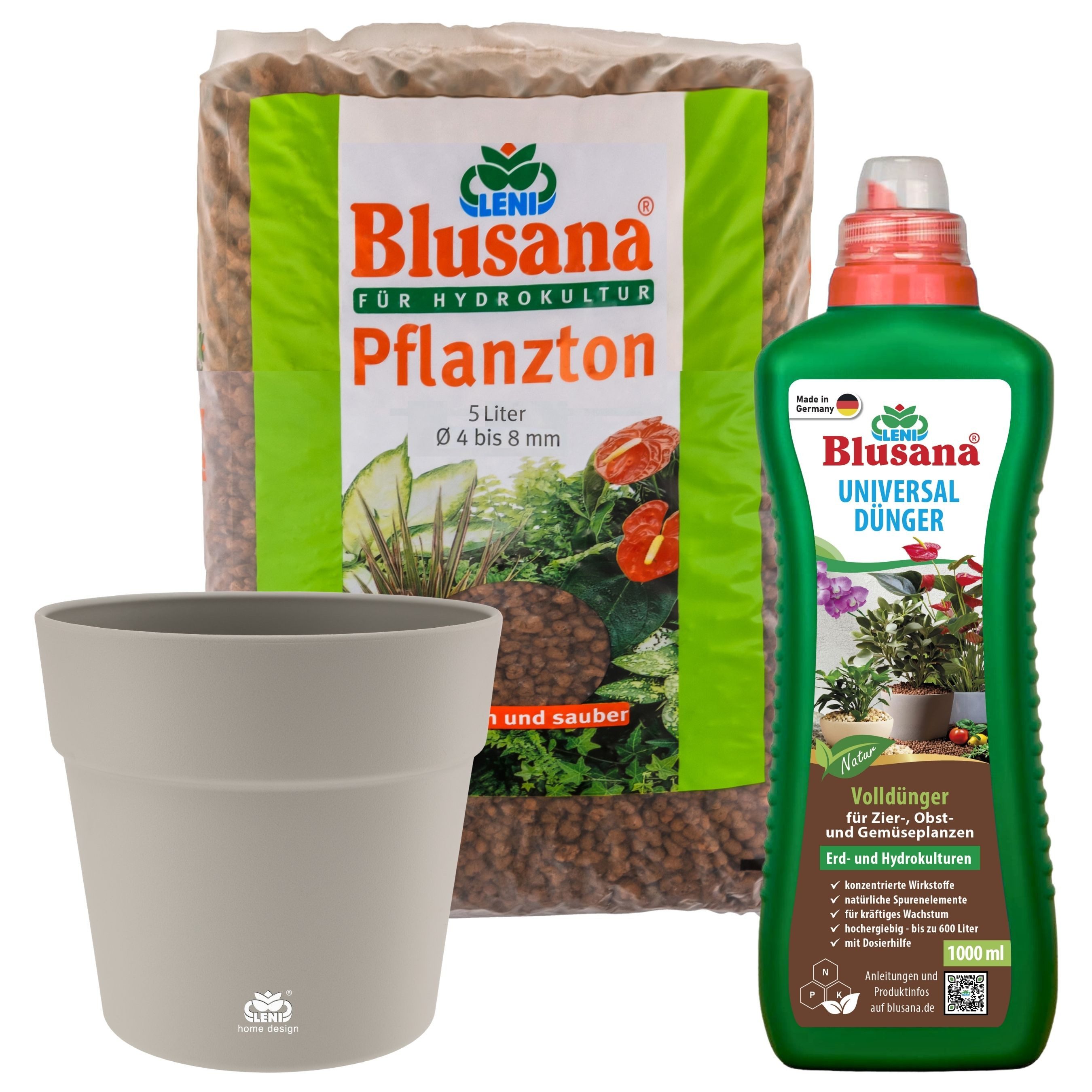 LENI Blumentopf "Classic" Kunststoff Übertopf kieselgrau / beige-grau (Hydrokultur-Set, 1 St., Pflanztopf + 5L Substrat + 1L Dünger), Wasserdichtes Pflanzgefäß für Indoor & Outdoor