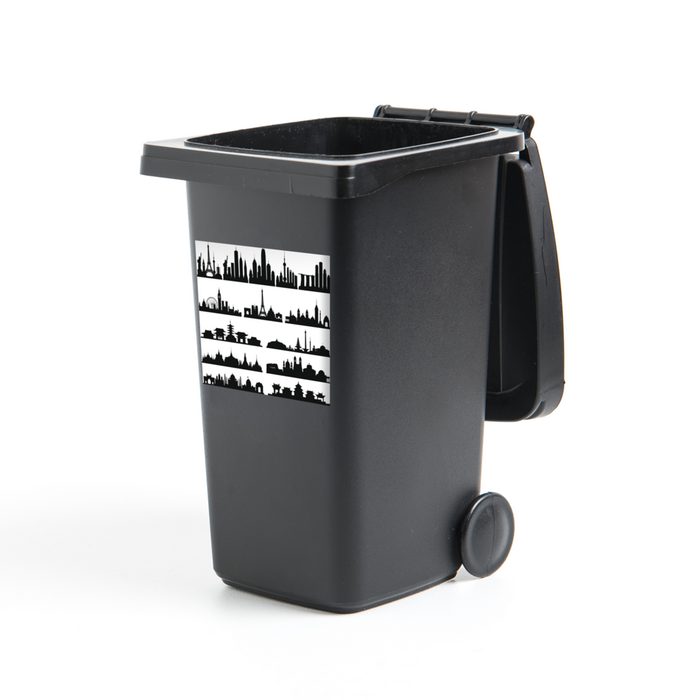 MuchoWow Wandsticker Schwarz-Weiß-Illustration der Stadt Skyline mit Sehenswürdigkeiten (1 St) Mülleimer-aufkleber Mülltonne Sticker Container Abfalbehälter