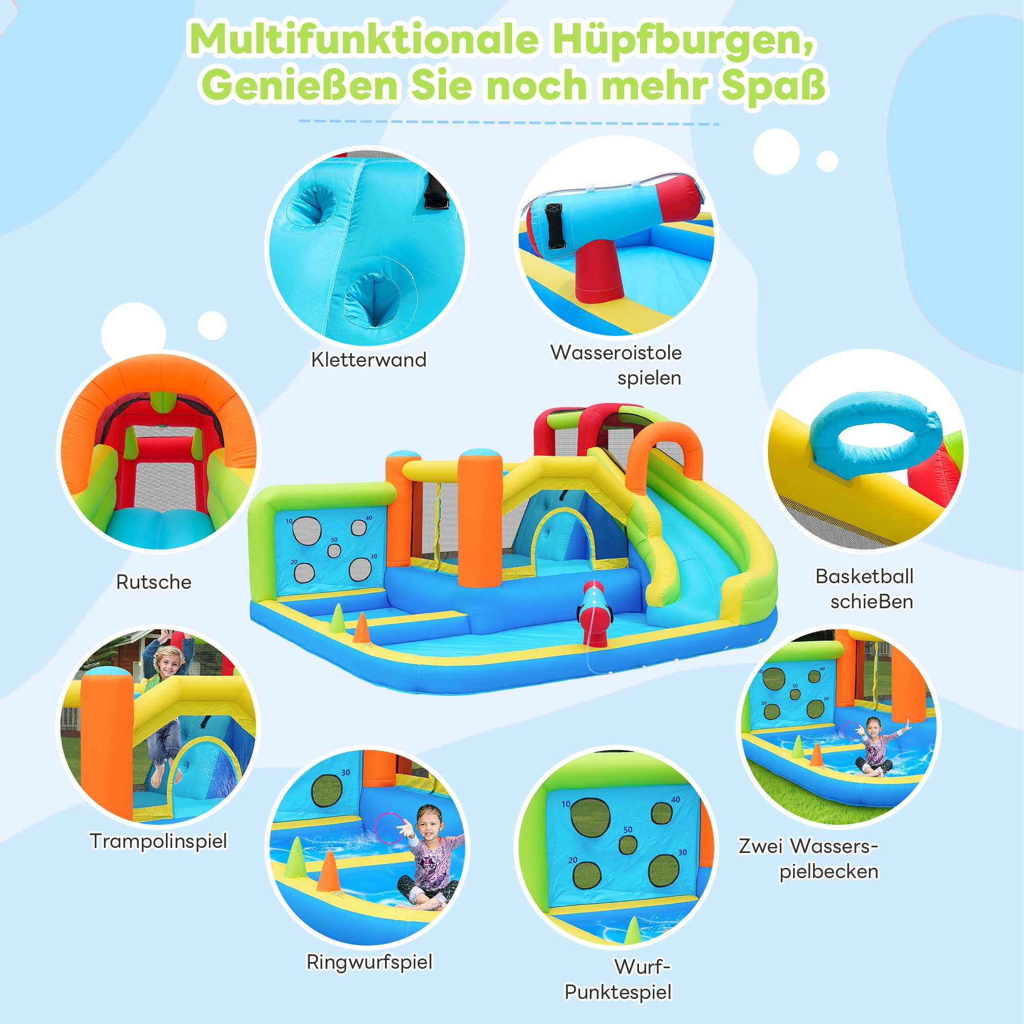 Merax Hüpfburg, Trocken-/Wasserrutsche,Pool,aufblasbare Springburg,Outdoor Wasserpark