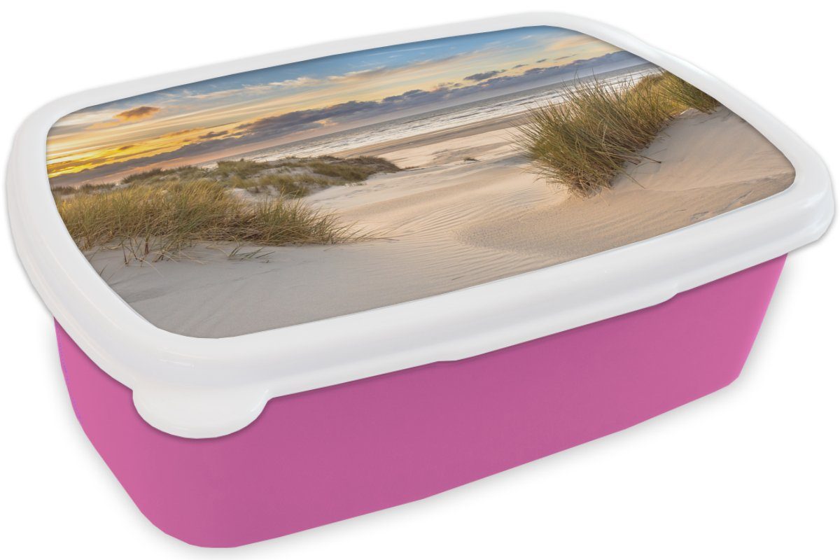 (2-tlg), Brotdose - Kinder, Erwachsene, - Mädchen, Gras Lunchbox Sonnenuntergang Strand rosa Snackbox, für Meer, Kunststoff - - Brotbox MuchoWow Kunststoff, Düne