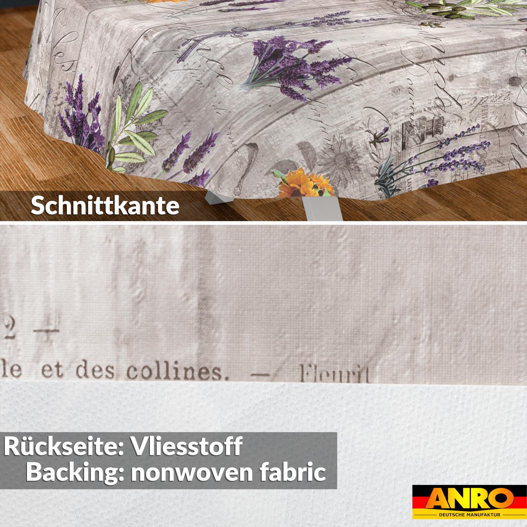ANRO Tischdecke Provence Lavendel abwaschbar Wachstuch pflegeleicht wasserabweisend (Einzelstück 1-tlg), Schmutzabweisend Shabby Chic Grau Oval 160x140cm Gartentischdecke