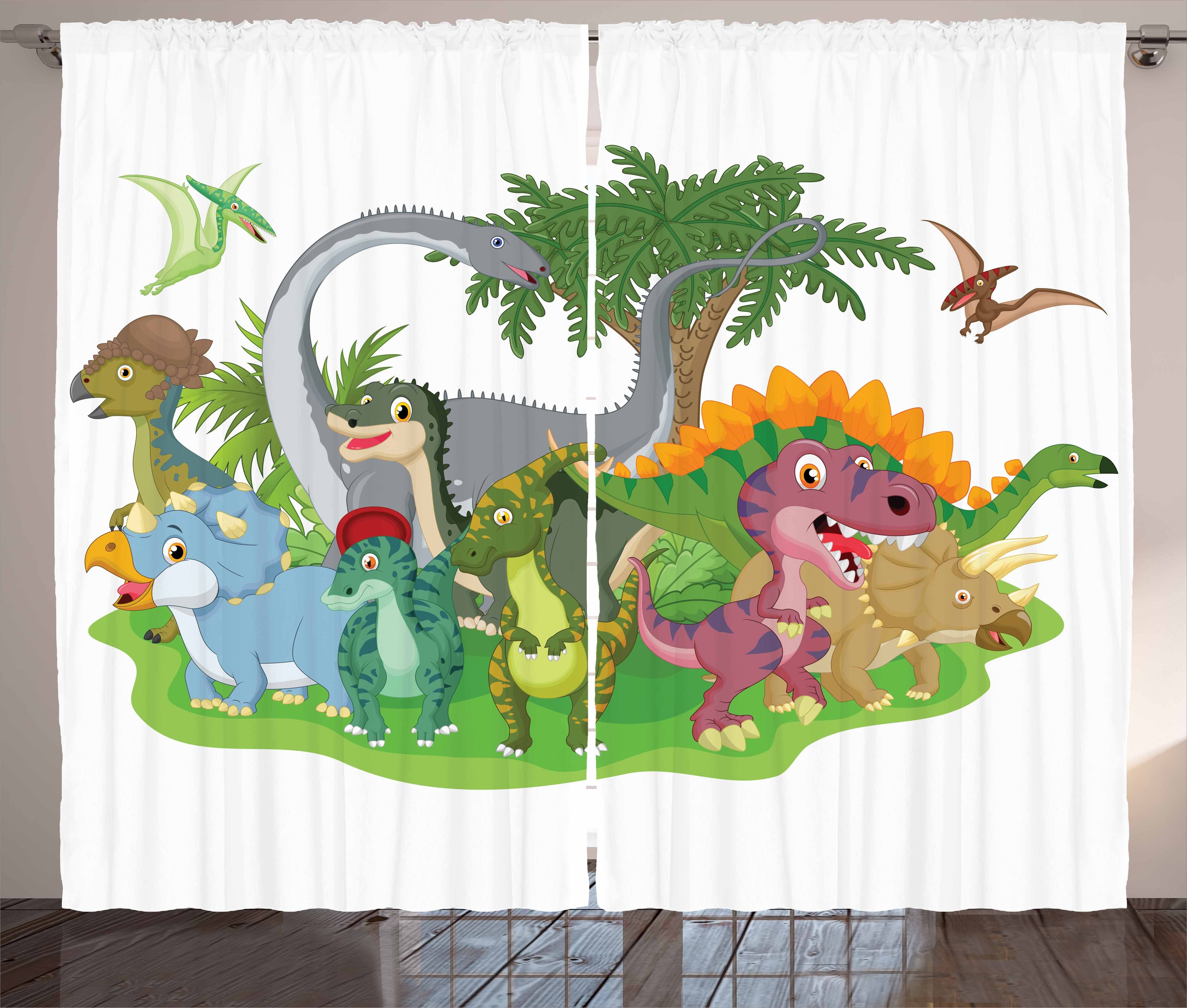 Haken, Gardine Dinosaurier Schlaufen Schlafzimmer Vorhang und mit Bunt Kräuselband Cartoon-Gruppe Abakuhaus,