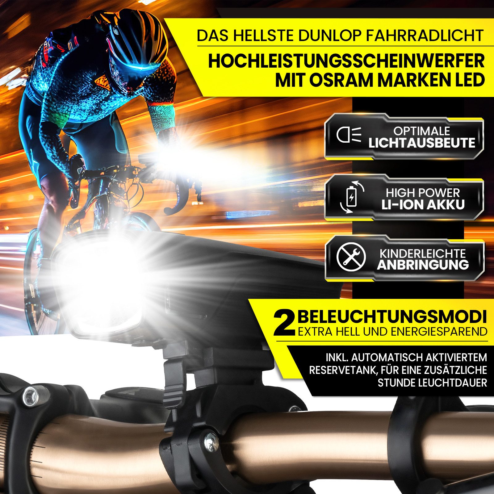 Dunlop Fahrradbeleuchtung Fahrradlicht Fahrrad Licht - Extra helles LED Licht, Hochleistungs-Akku - Fahrradbeleuchtung StVZO zugelassen