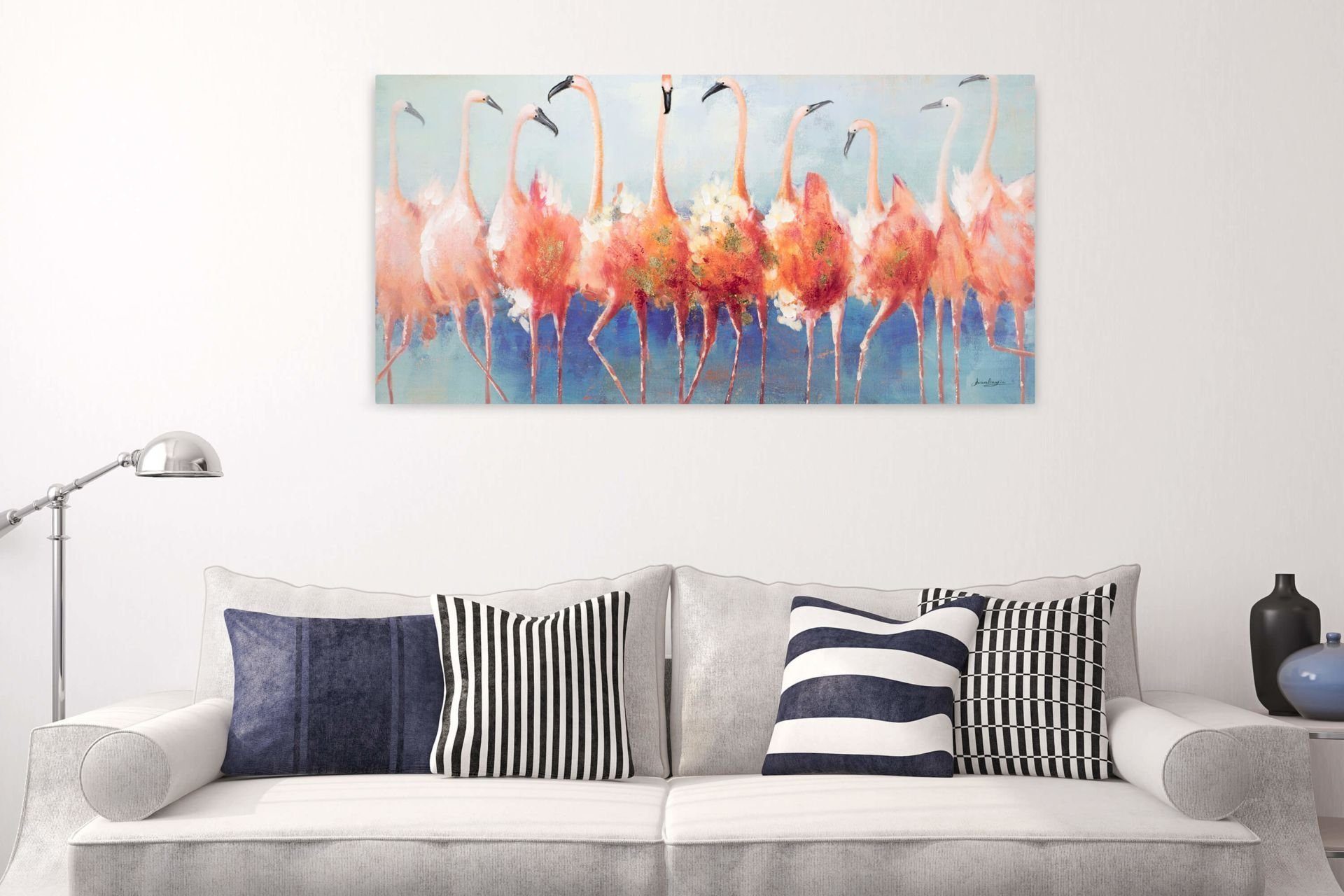 100% HANDGEMALT Flamingos Twist Gemälde Wandbild Wohnzimmer KUNSTLOFT der Tango 140x70 Leinwandbild cm,