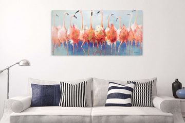 KUNSTLOFT Gemälde Tango Twist der Flamingos 140x70 cm, Leinwandbild 100% HANDGEMALT Wandbild Wohnzimmer