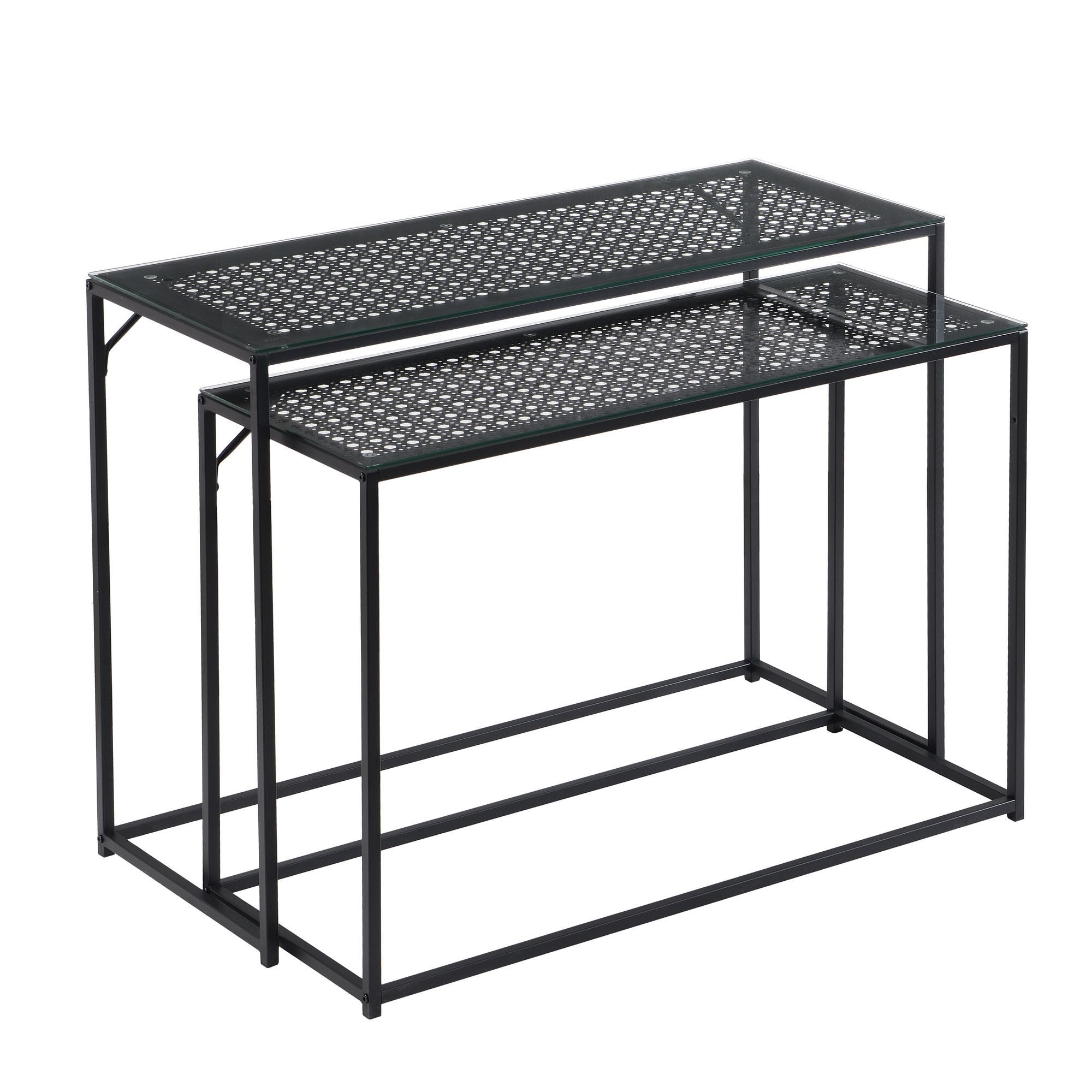 Wohnling Konsolentisch WL7.331 2er Set e Schwarz Metall Glasplatte Modern Flurtische (Dekotische 2er Set Schwarz Glas Metall Modern), Ablagetische Wohnzimmer, Glastische Platzsparend