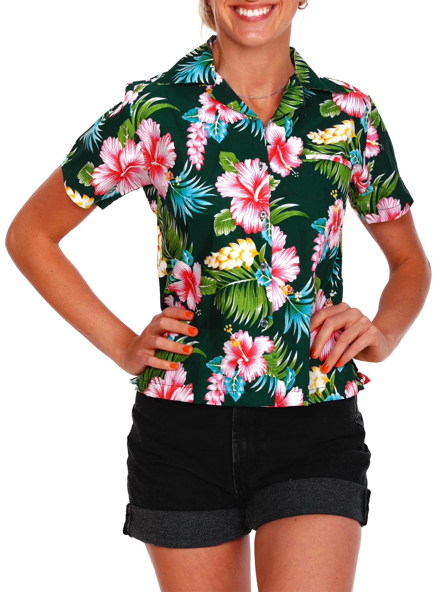 King Kameha Hawaiihemd Hibiscus New Funky Hawaiibluse Damen Kurzarm Front-Tasche Stylish