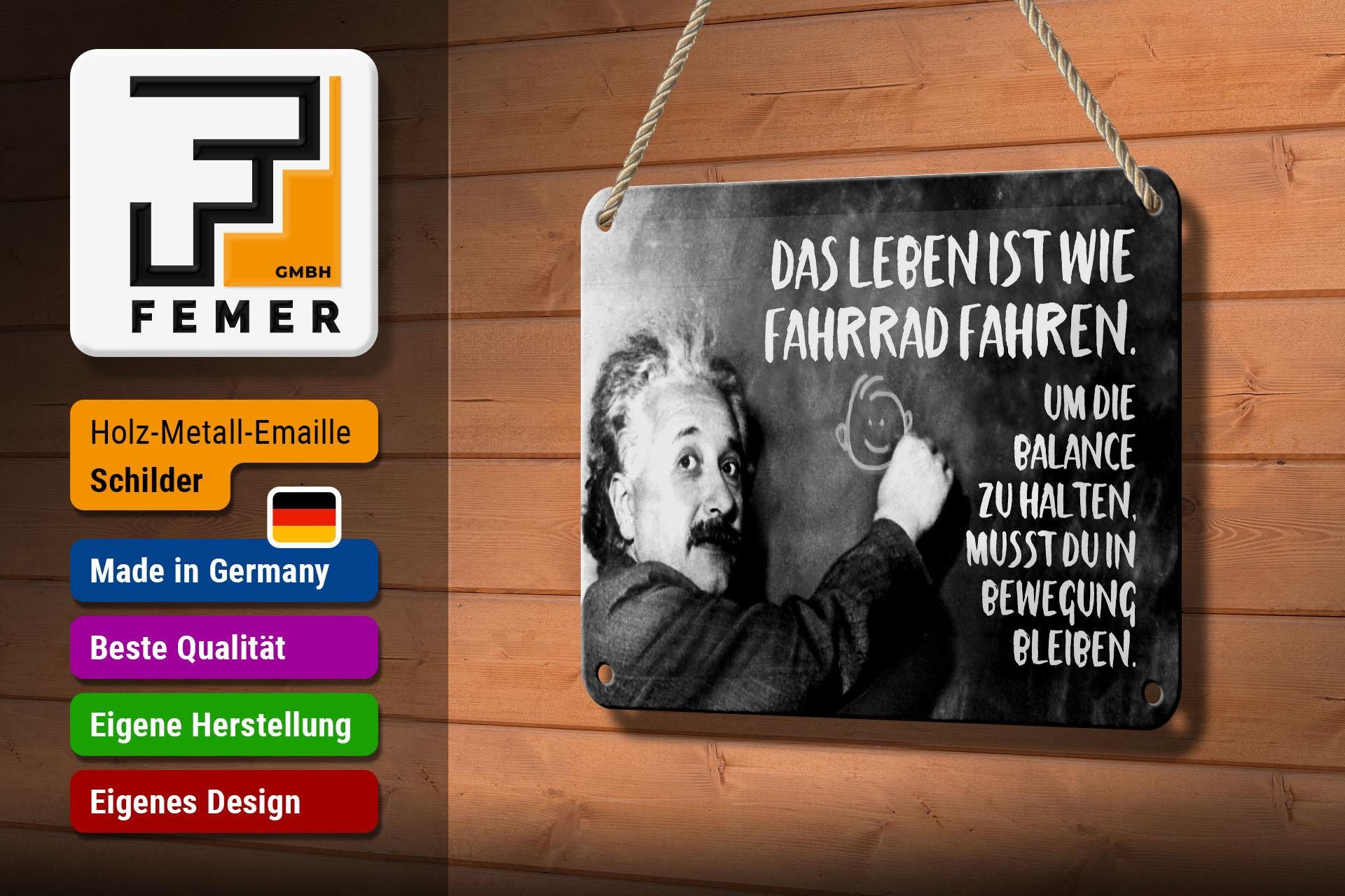 Femer GmbH Metallschild Zitat 12x18 cm Einstein Tafel Das Leben ist wie Fahrrad fahren, (1 St), gewölbte Oberfläche, abgerundete Ecken, umgeschlagene Kanten