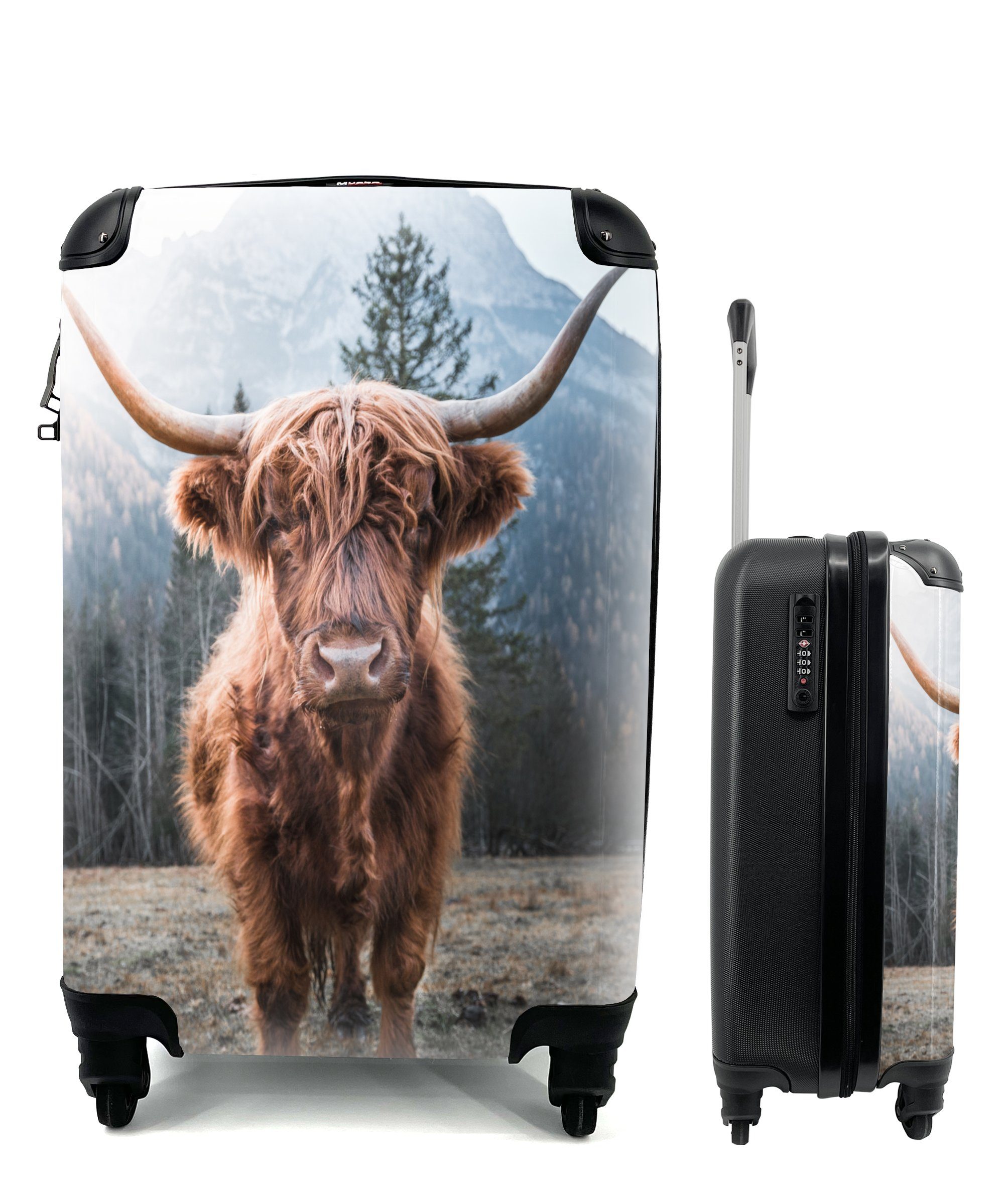 MuchoWow Handgepäckkoffer Berg Reisekoffer Tiere - Trolley, 4 Kuh Handgepäck rollen, Schottischer Ferien, Reisetasche für - mit Hochländer Rollen, Natur, - 