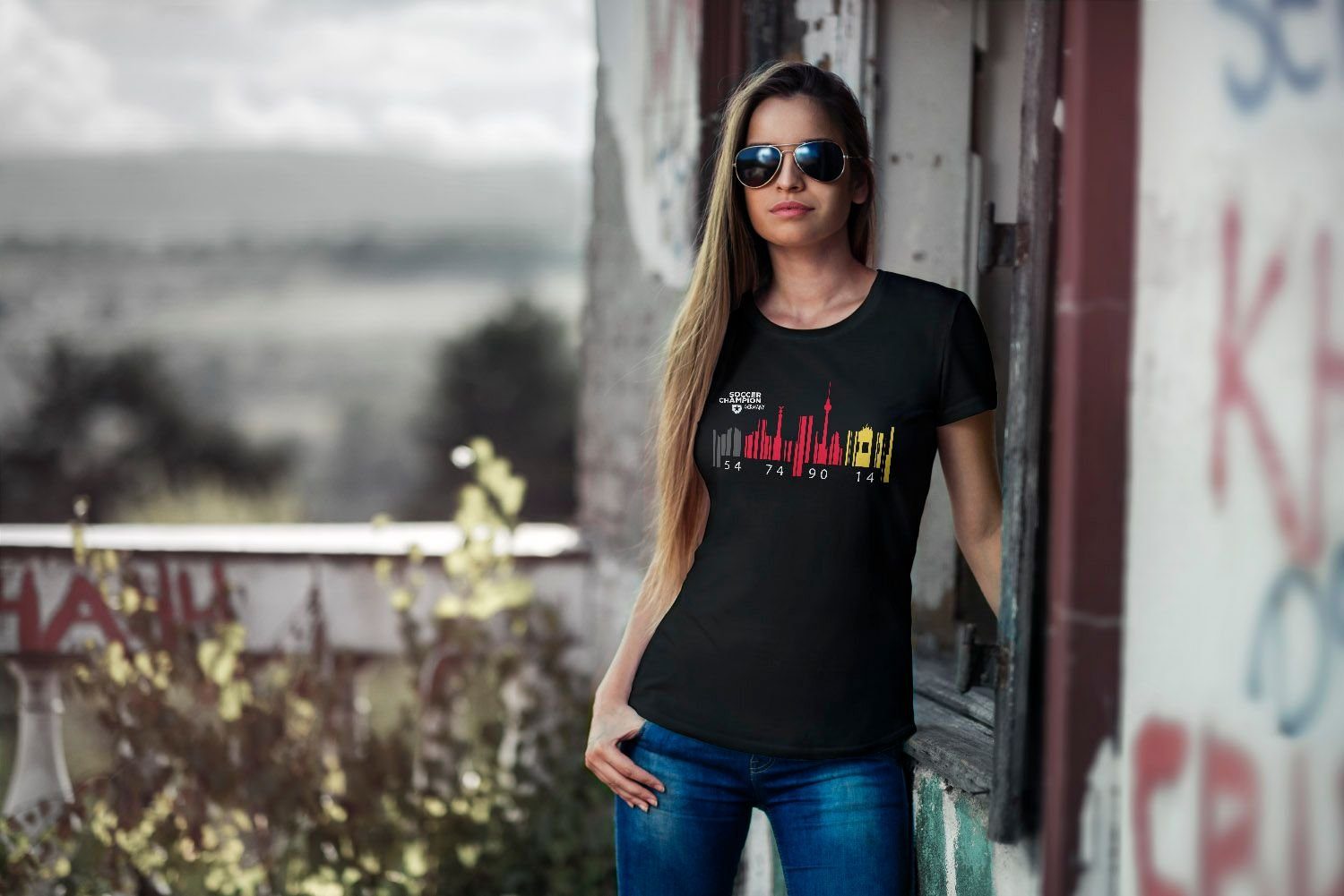 MoonWorks Print-Shirt Damen T-Shirt Deutschland WM Flagge Barcode Skyline Berlin Fan Shirt Moonworks® mit Print