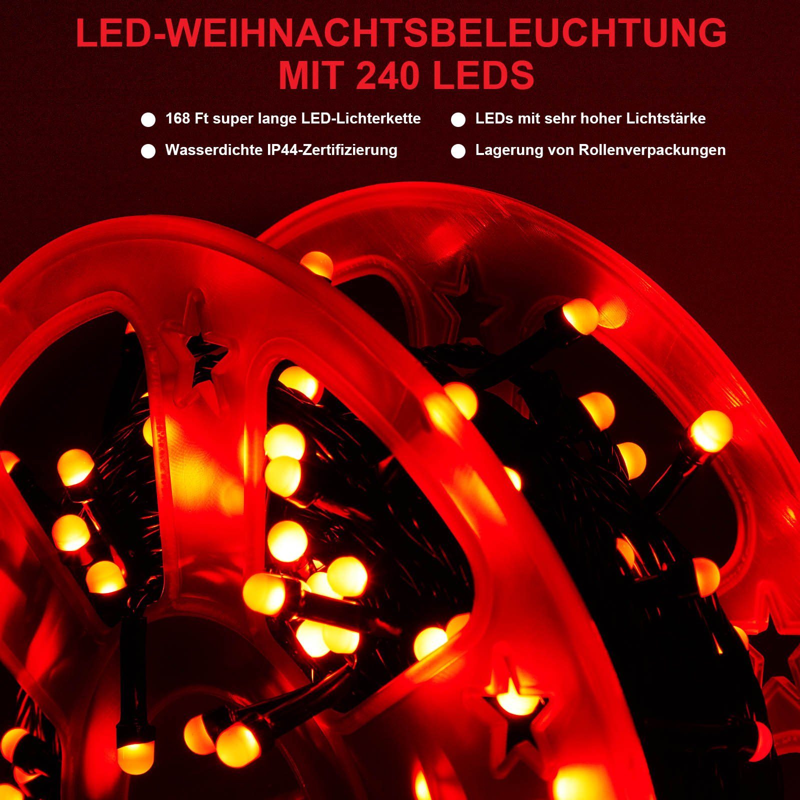 8 wasserdicht, Spulenverpackung Rot Deko, LED-Lichterkette 50M, Rosnek Modi, Kabel, Weihnachtsbaum schwarzes Speicherfunktion, Garten für 240LEDs,