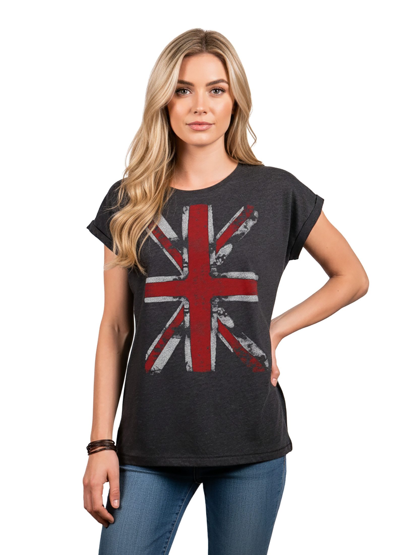 MAKAYA Print-Shirt Damen Top mit Union Jack Fahne - UK Flagge Großbritannien England (Vintage Aufdruck, schwarz, blau, grau) große Größen