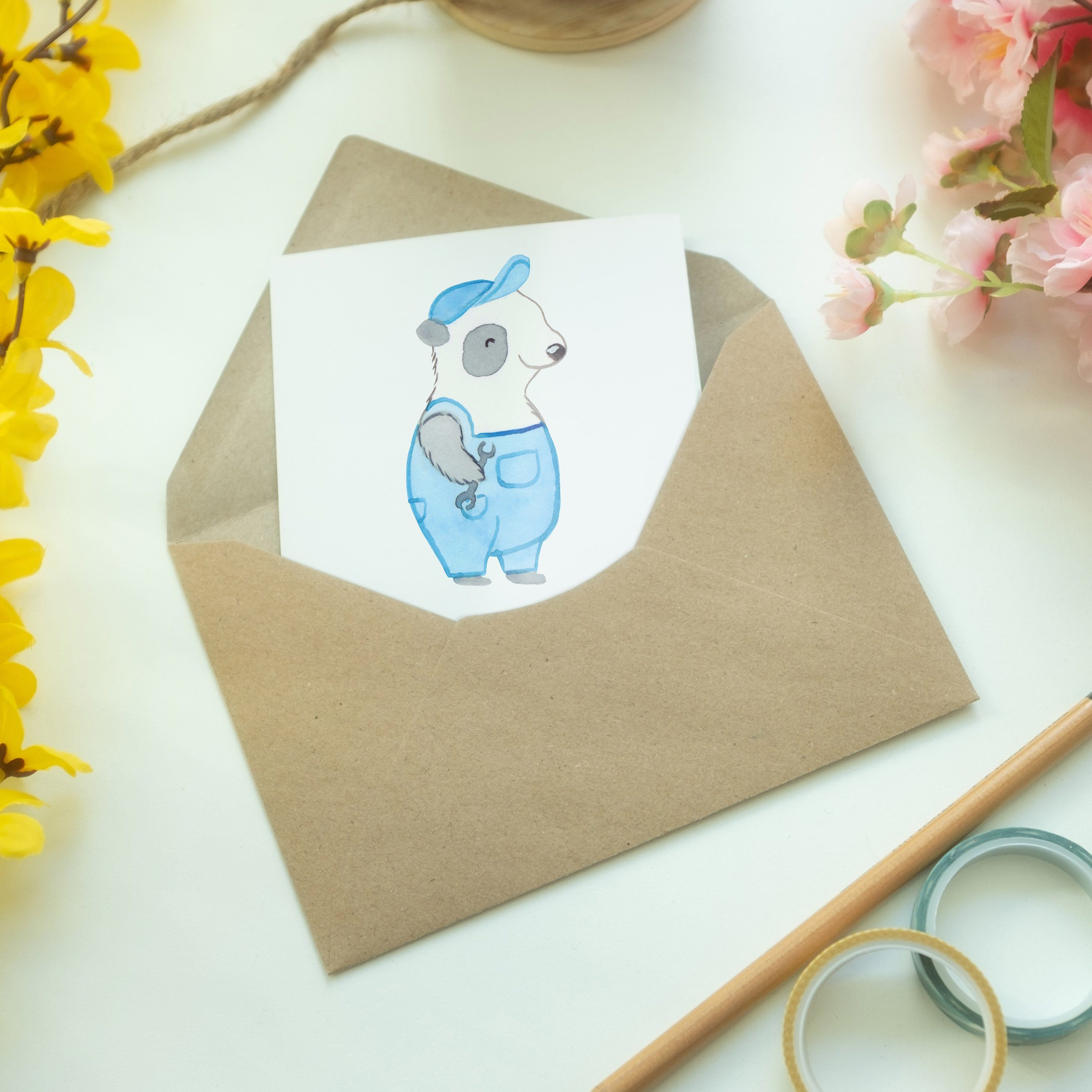 Grußkarte Weiß & Glückwunschkarte, Handwerker - - Panda Mr. mit Mrs. Hochzeitskar Geschenk, Herz