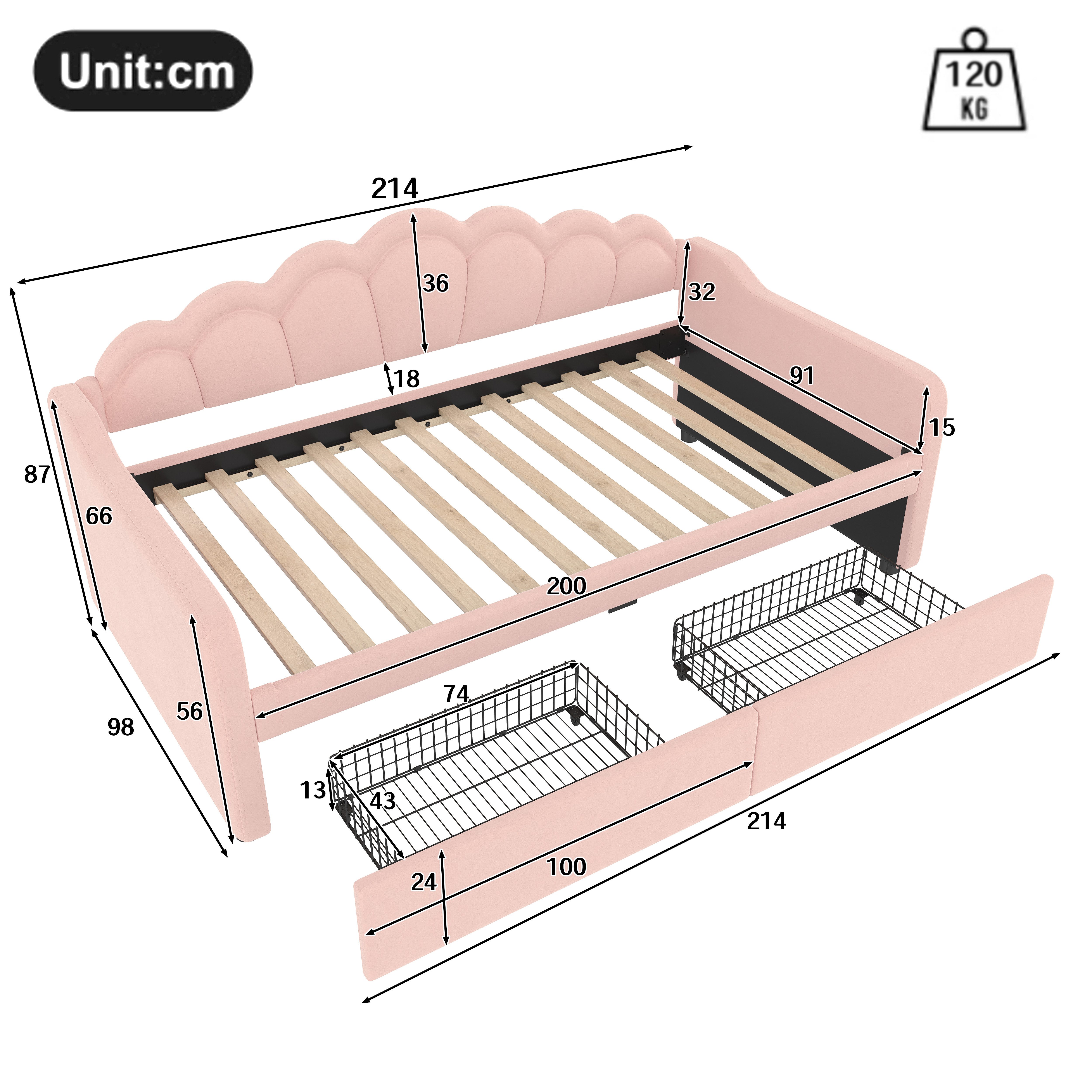 Flieks Daybett, LED Tagesbett Schlafsofa Kinderbett 90x200cm mit 2 Schublad günstig online kaufen