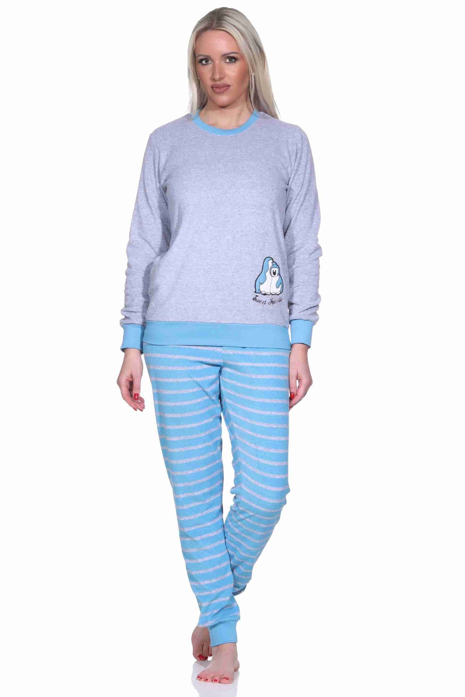 hellblau Stickerei Normann und Pinguin langarm Pyjama mit Pyjama Damen Bündchen Frottee