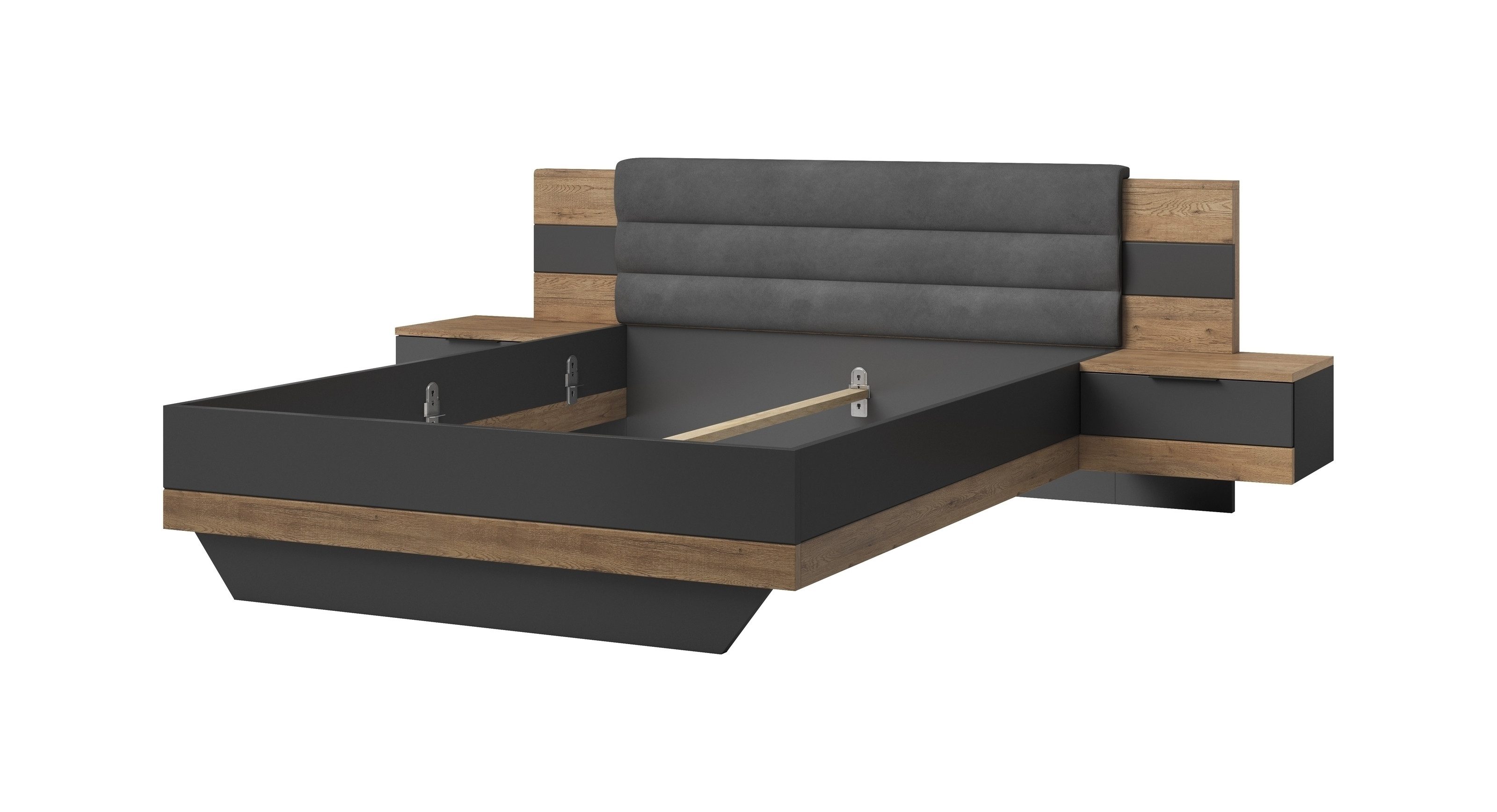 PREISBRECHER Bettanlage LINEA, in Bartex Eiche / Graphit - 296x97x210cm (BxHxT)