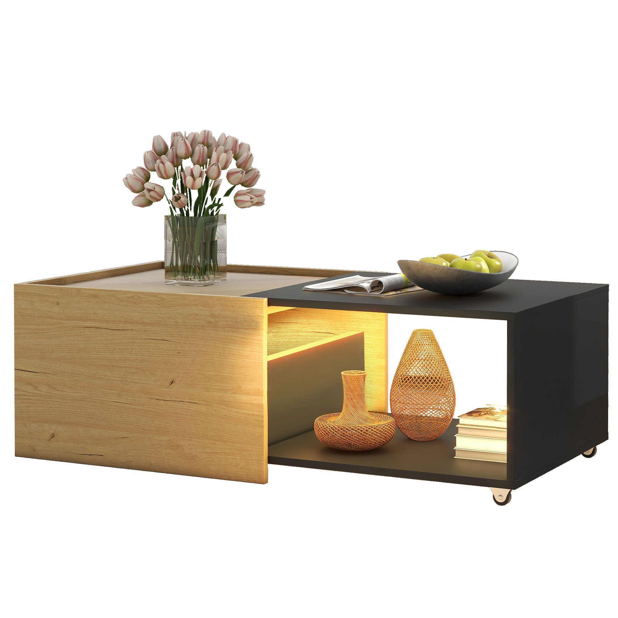 OKWISH Couchtisch Wohnzimmertisch mit Tischplatte Mobilität Design), und Flexibilität Spleißdesign ausziehbarem (Ausziehbares Zweifarbiges