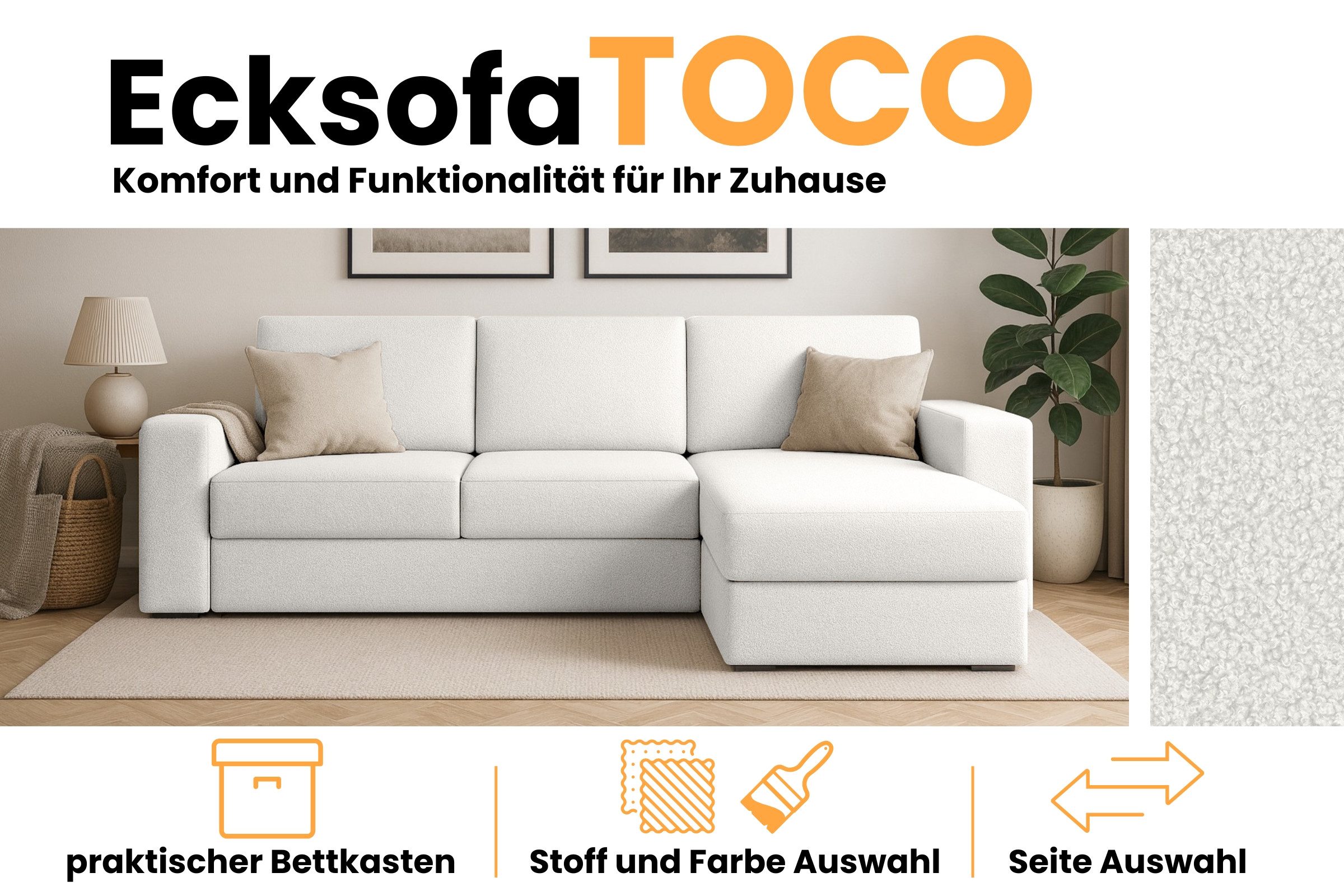 Deine Möbel 24 Wohnlandschaft TOCO Sofa-L Couch-L Ecksofa 240 cm breit, Set 1 Teile, mit Schlaffunktion und integriertem Bettkasten