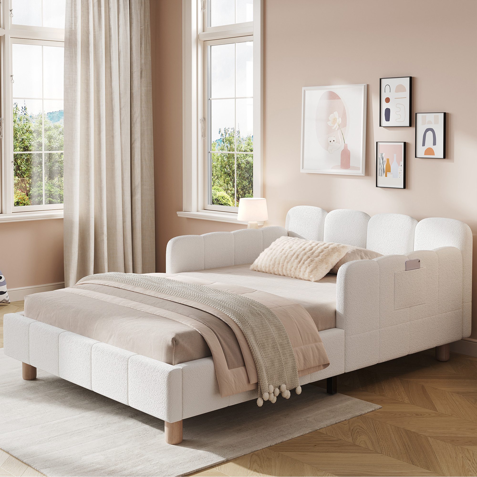 MODFU Polsterbett Inklusive Rausfallschutz für mehr Sicherheit (Packung, 1-tlg., aus Bouclé Stabile Massivholzbeine, geeignet für Kinder & Jugendliche), 90x200 cm mit variablen Armlehnen und Lattenrost(ohne Matratze)