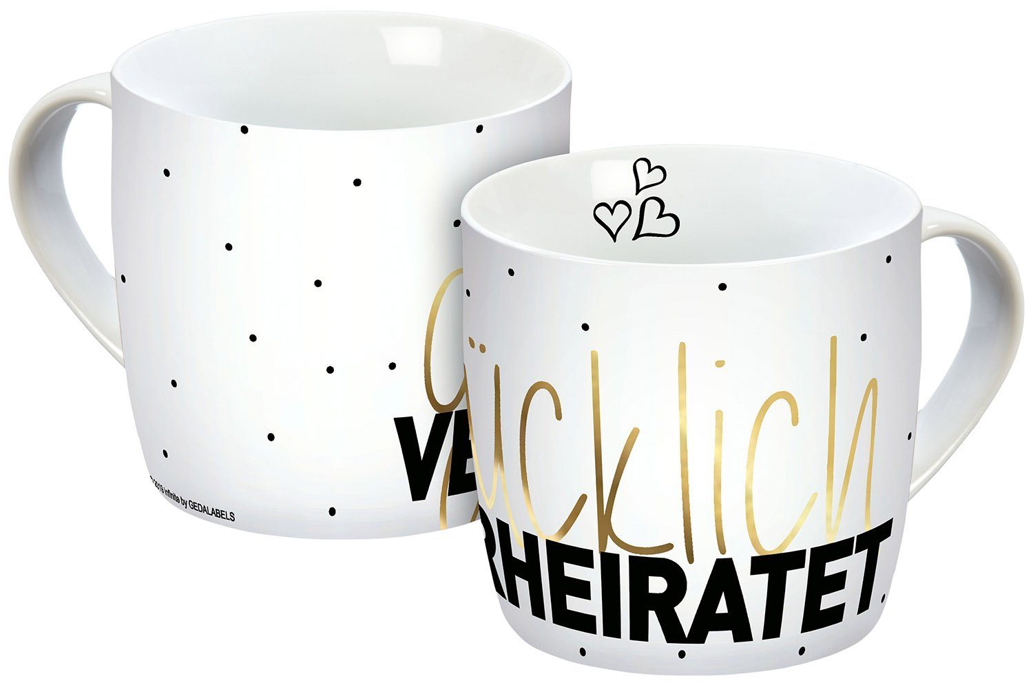 Geda Labels GmbH Tasse Glücklich verheiratet Echtgold, 1-tlg., Porzellan, Weiß, 300 ml, nicht spülmaschinen- oder mikrowellengeeignet