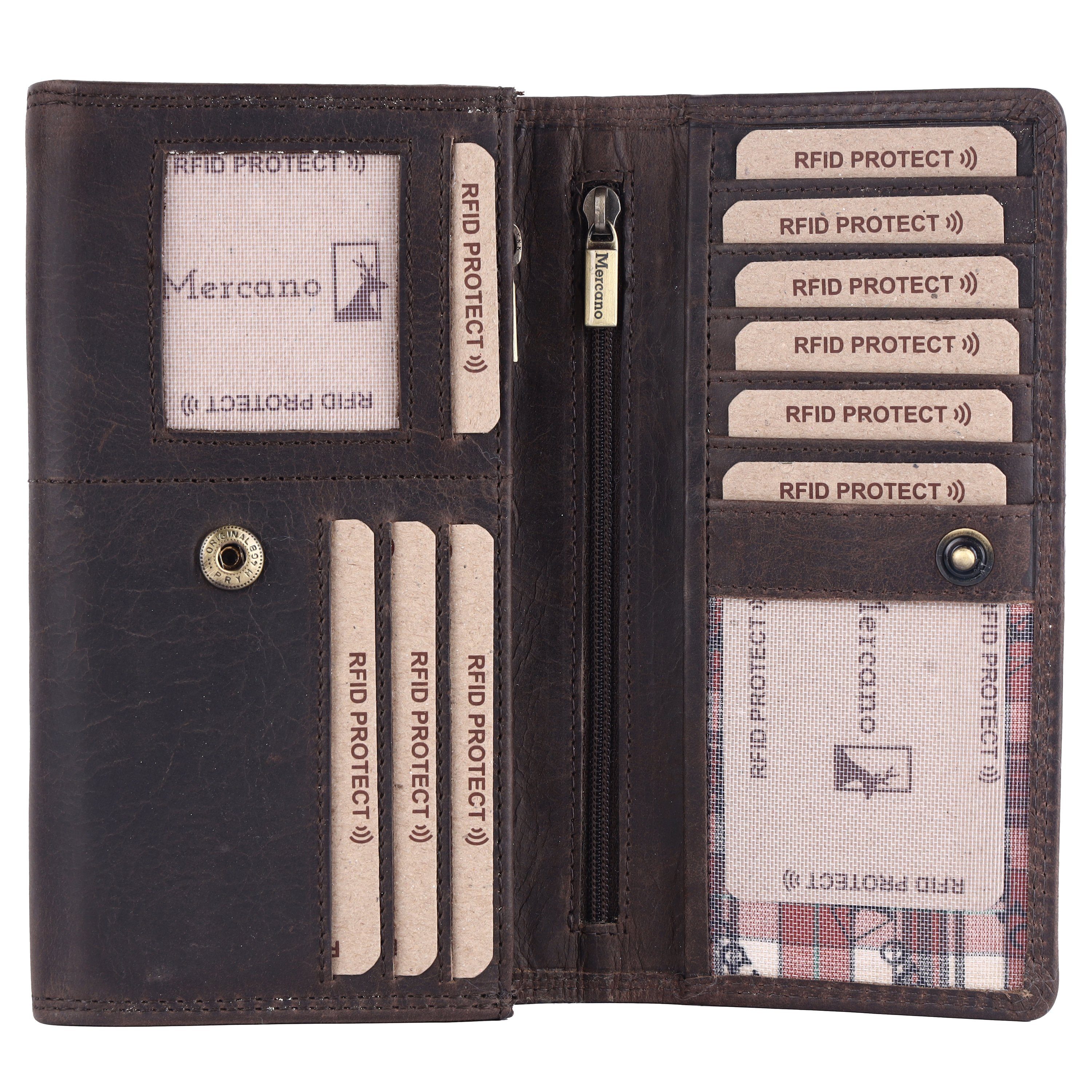Vintage 100% Geschenkbox Doppelnaht, Geldbörse RFID-Schutz für & Leder Mercano inkl. Damen, mit Dunkelbraun aus