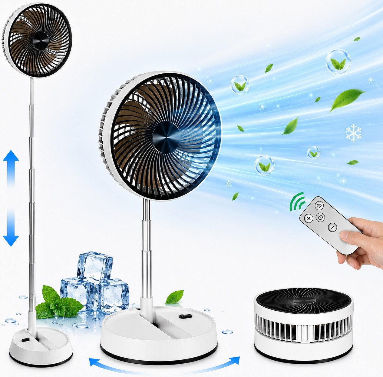 MOPUEA Akku-Standventilator Akku-Standventilator mit Fernbedienung, Tragbarer zusammenklappbarer, Höhenverstellbar, 4 Geschwindigkeitsstufen, mit Fernbedienung für Büro