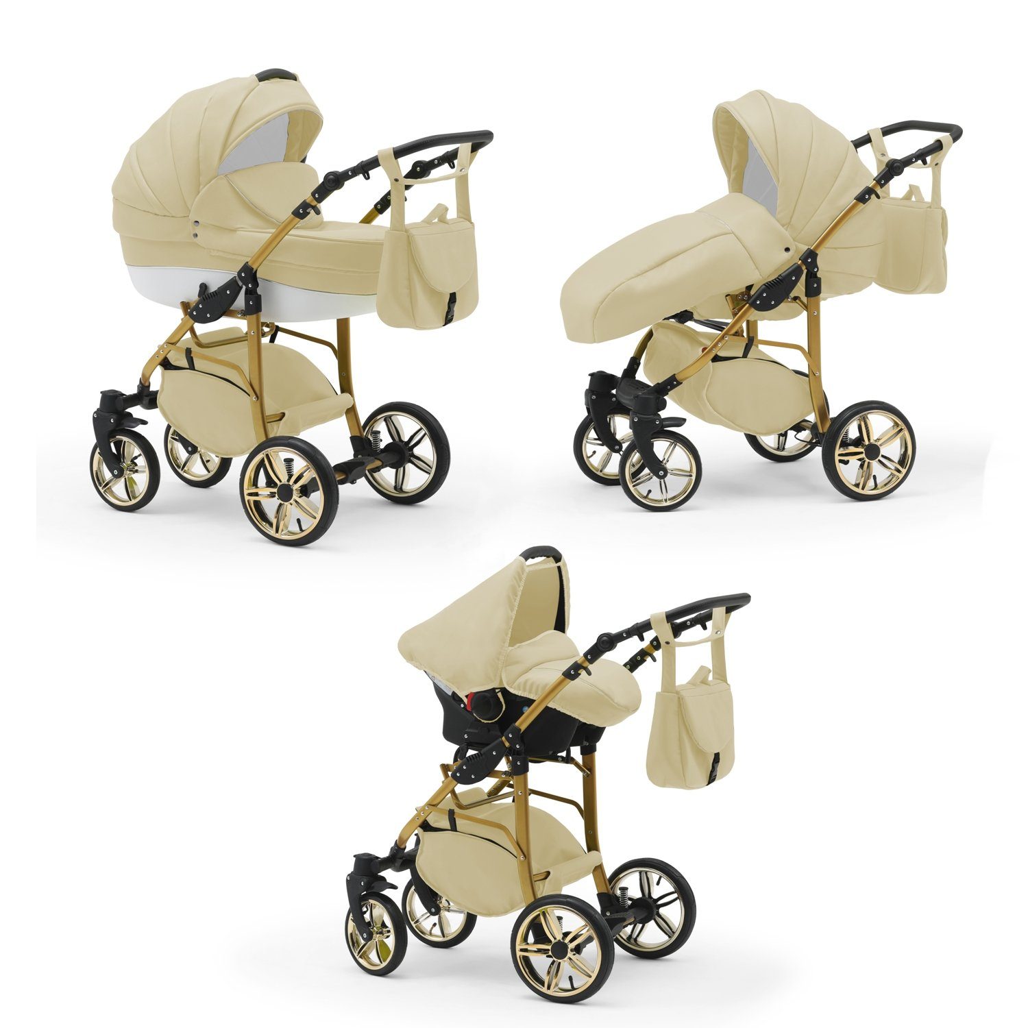 babies-on-wheels Kombi-Kinderwagen 3 in 1 Kinderwagen-Set Cosmo ECO Gold - 16 Teile - in 46 Farben Beige-Weiß