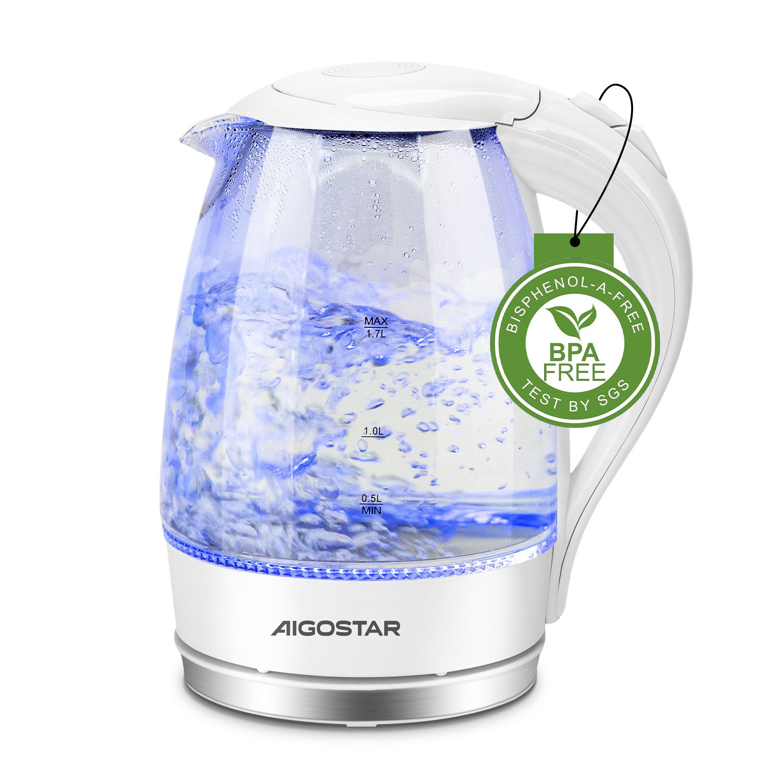 Aigostar Wasserkocher 2200W 1,7L Glaswasserkocher mit Kalkfilter, LED Beleuchtung, Weiß, 1.7 l, 2200,00 W, 360° Basis, Abschaltautomatik, Trockenschutz, Edelstahl Heizelement