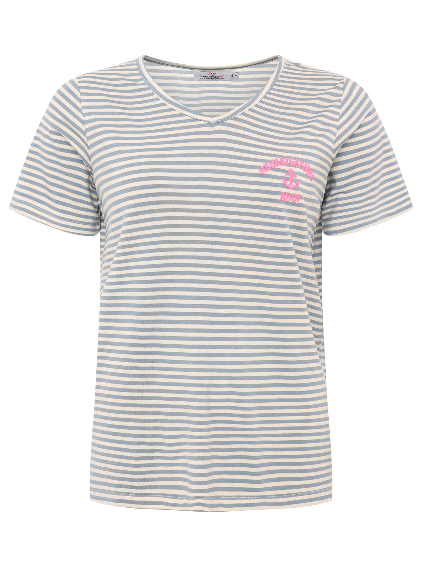 Zwillingsherz T-Shirt "Heimatgefühl" V-Neck, gestreift, kleines Motiv gestickt mit Anker