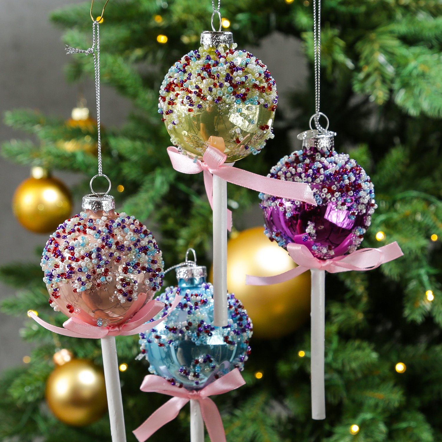 MARELIDA Christbaumschmuck Weihnachtsbaumschmuck Lolli Cake Pop mit Perlen Glas H: 16cm lila